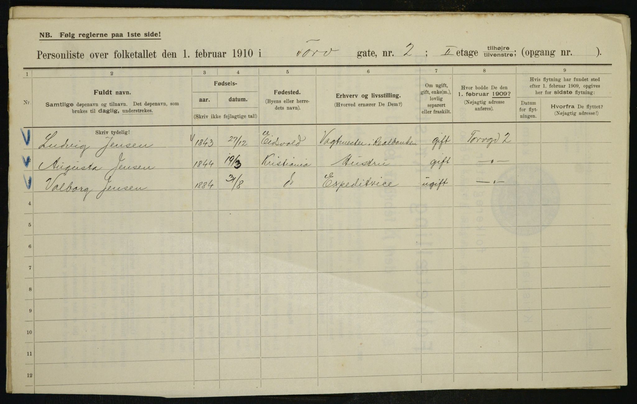 OBA, Municipal Census 1910 for Kristiania, 1910, p. 108107