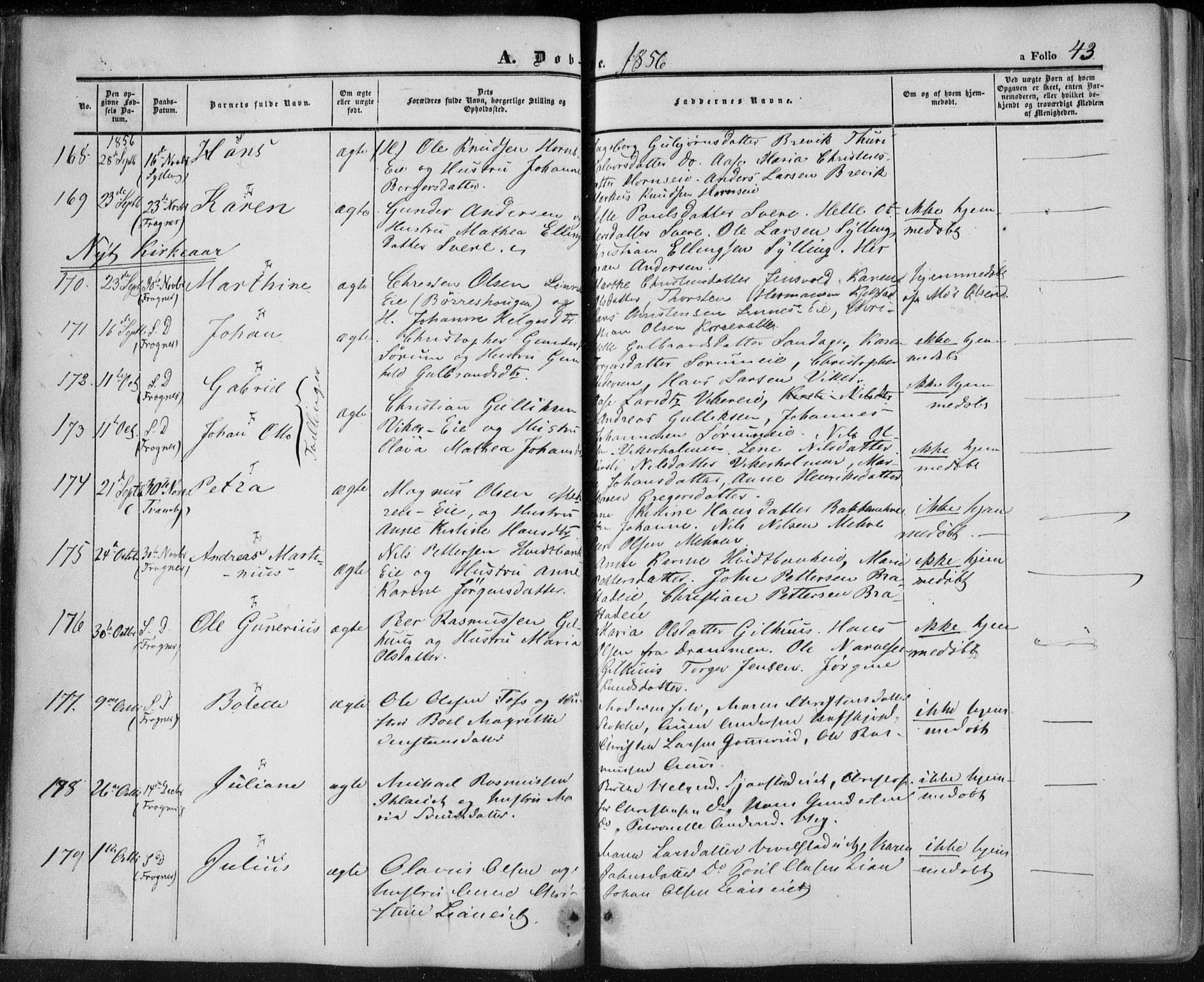 Lier kirkebøker, AV/SAKO-A-230/F/Fa/L0012: Parish register (official) no. I 12, 1854-1864, p. 43