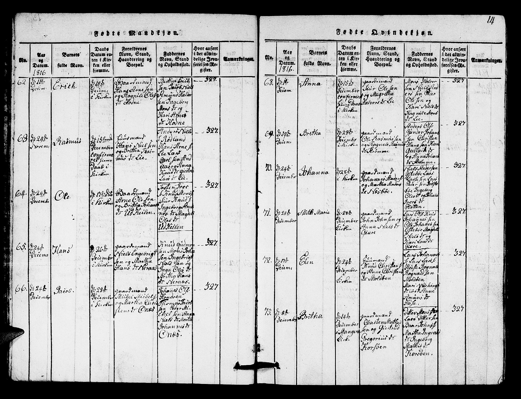 Lindås Sokneprestembete, SAB/A-76701/H/Hab: Parish register (copy) no. A 1, 1816-1823, p. 14