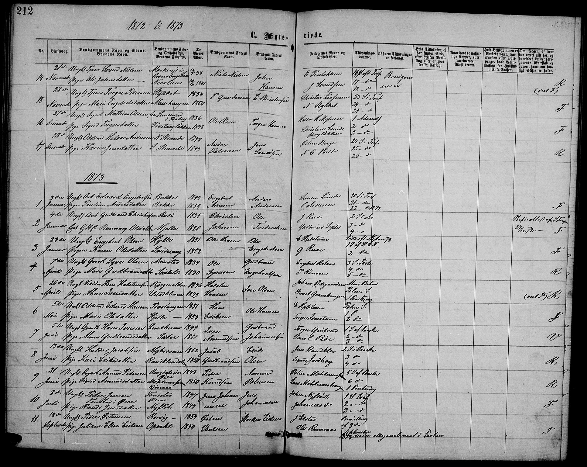 Ringebu prestekontor, SAH/PREST-082/H/Ha/Hab/L0004: Parish register (copy) no. 4, 1867-1879, p. 212