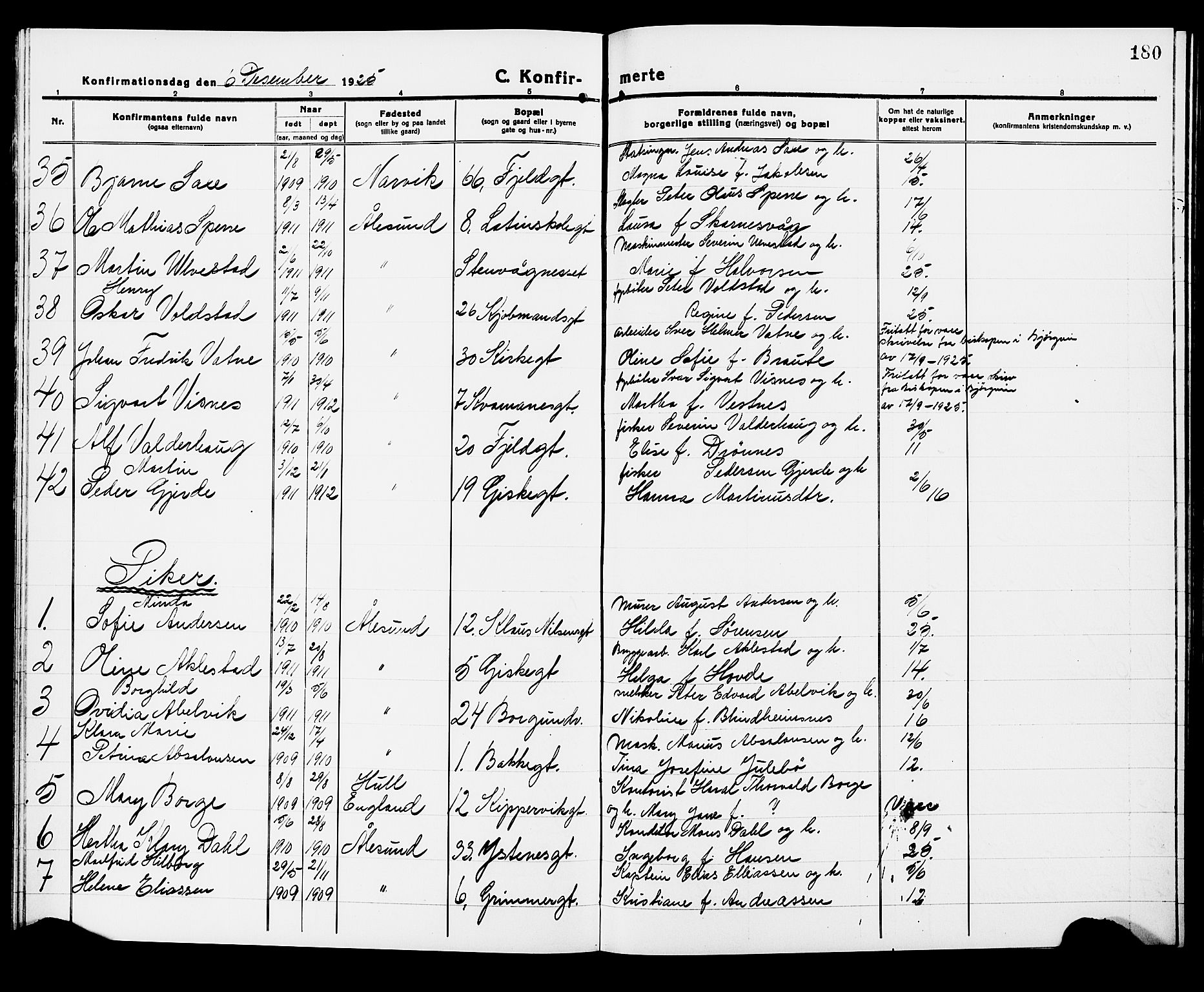 Ministerialprotokoller, klokkerbøker og fødselsregistre - Møre og Romsdal, AV/SAT-A-1454/529/L0472: Parish register (copy) no. 529C09, 1917-1929, p. 180