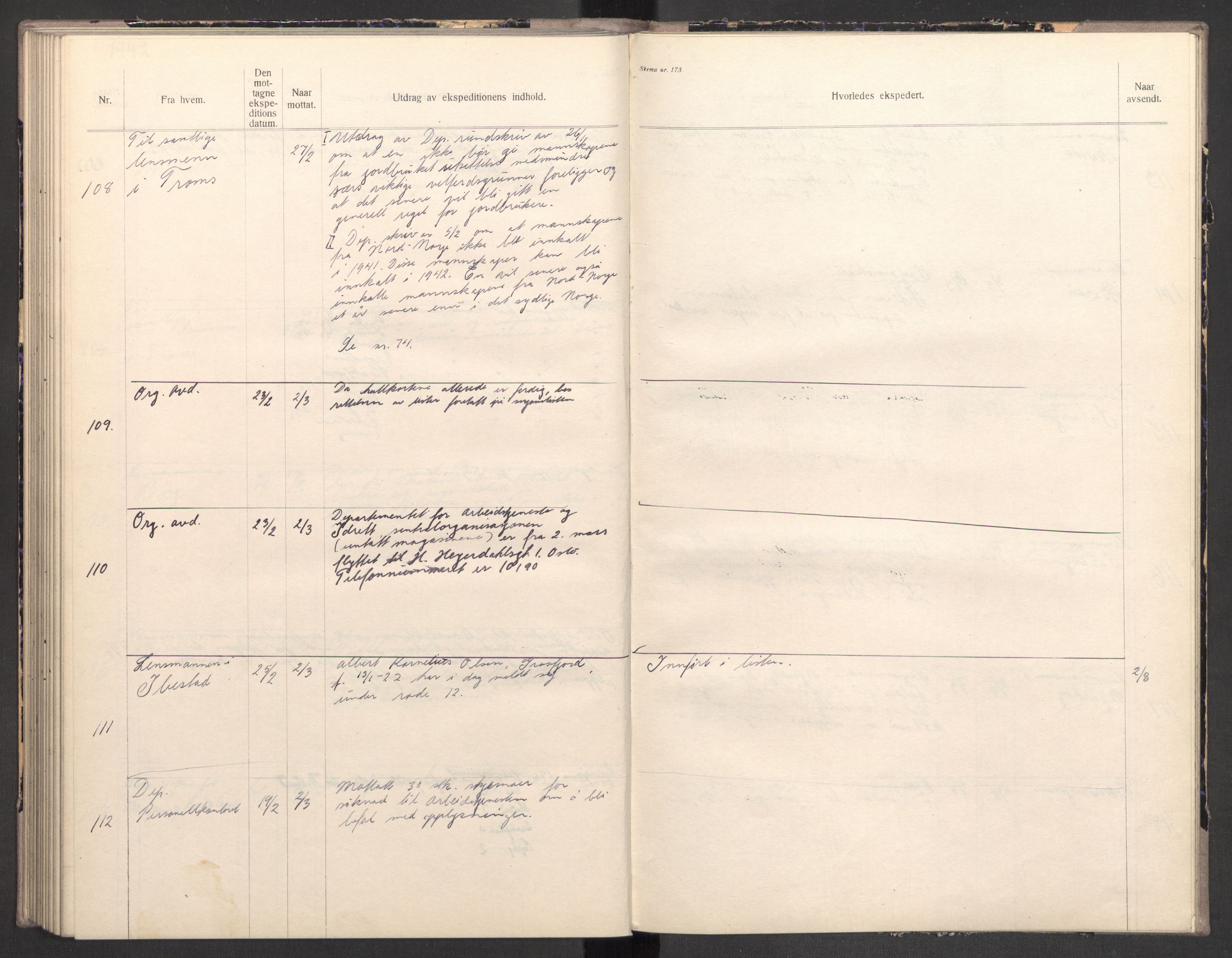 Norges arbeidstjeneste, AV/RA-S-5014/C/Ca/L0001: Journal for utskrivning Nordland og Troms, 1940-1942, p. 165