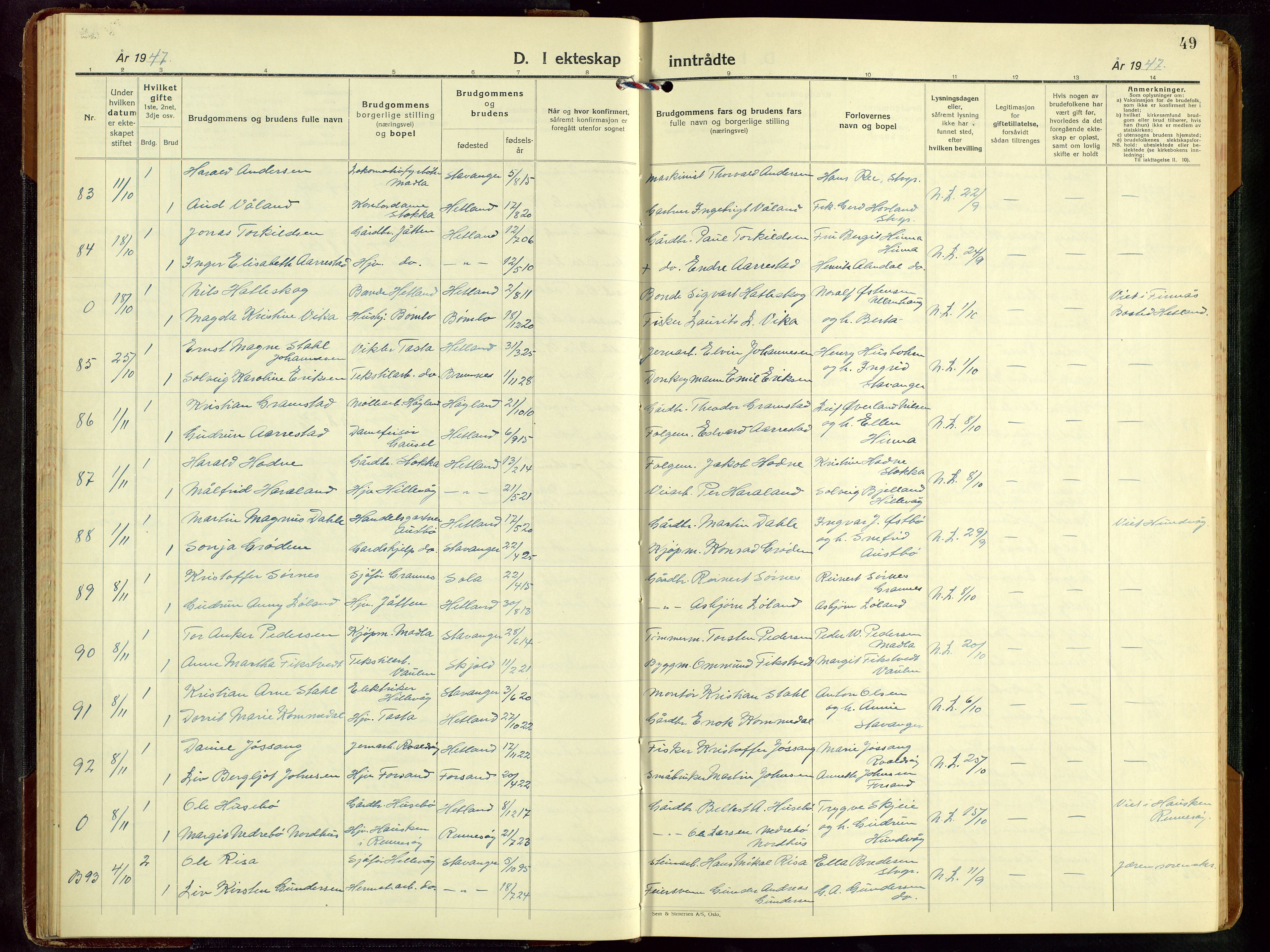 Hetland sokneprestkontor, AV/SAST-A-101826/30/30BB/L0016: Parish register (copy) no. B 16, 1942-1960, p. 49