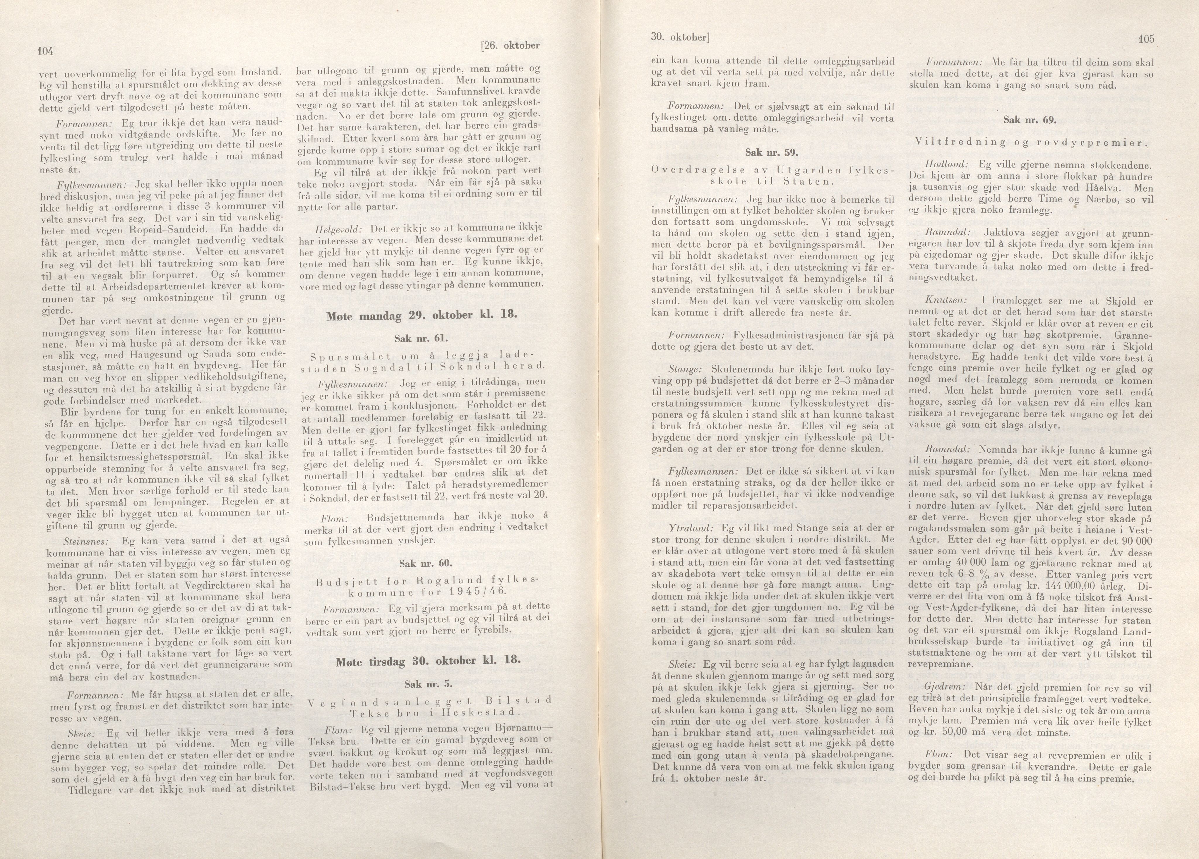 Rogaland fylkeskommune - Fylkesrådmannen , IKAR/A-900/A/Aa/Aaa/L0064: Møtebok , 1945, p. 104-105