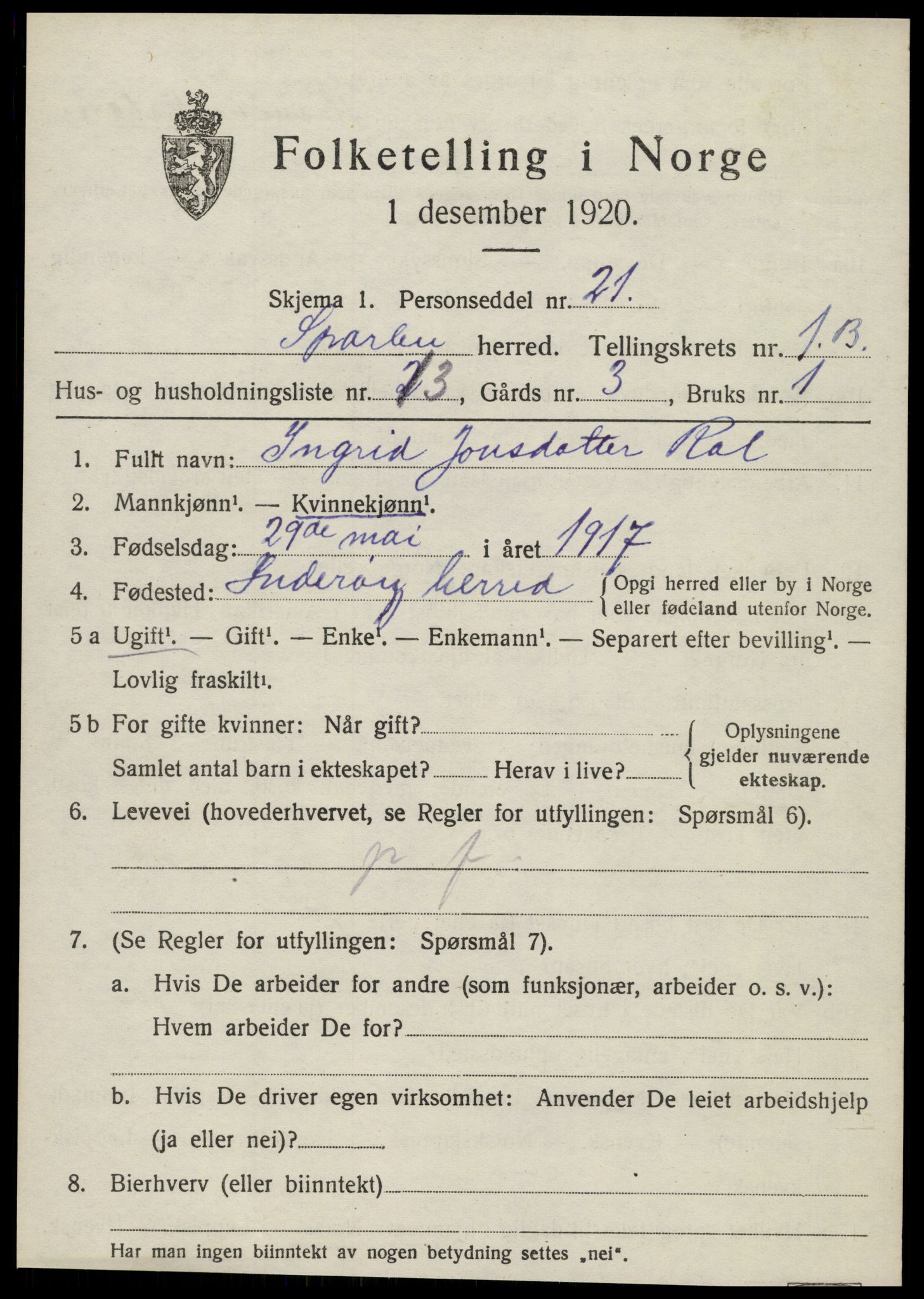 SAT, 1920 census for Sparbu, 1920, p. 2109