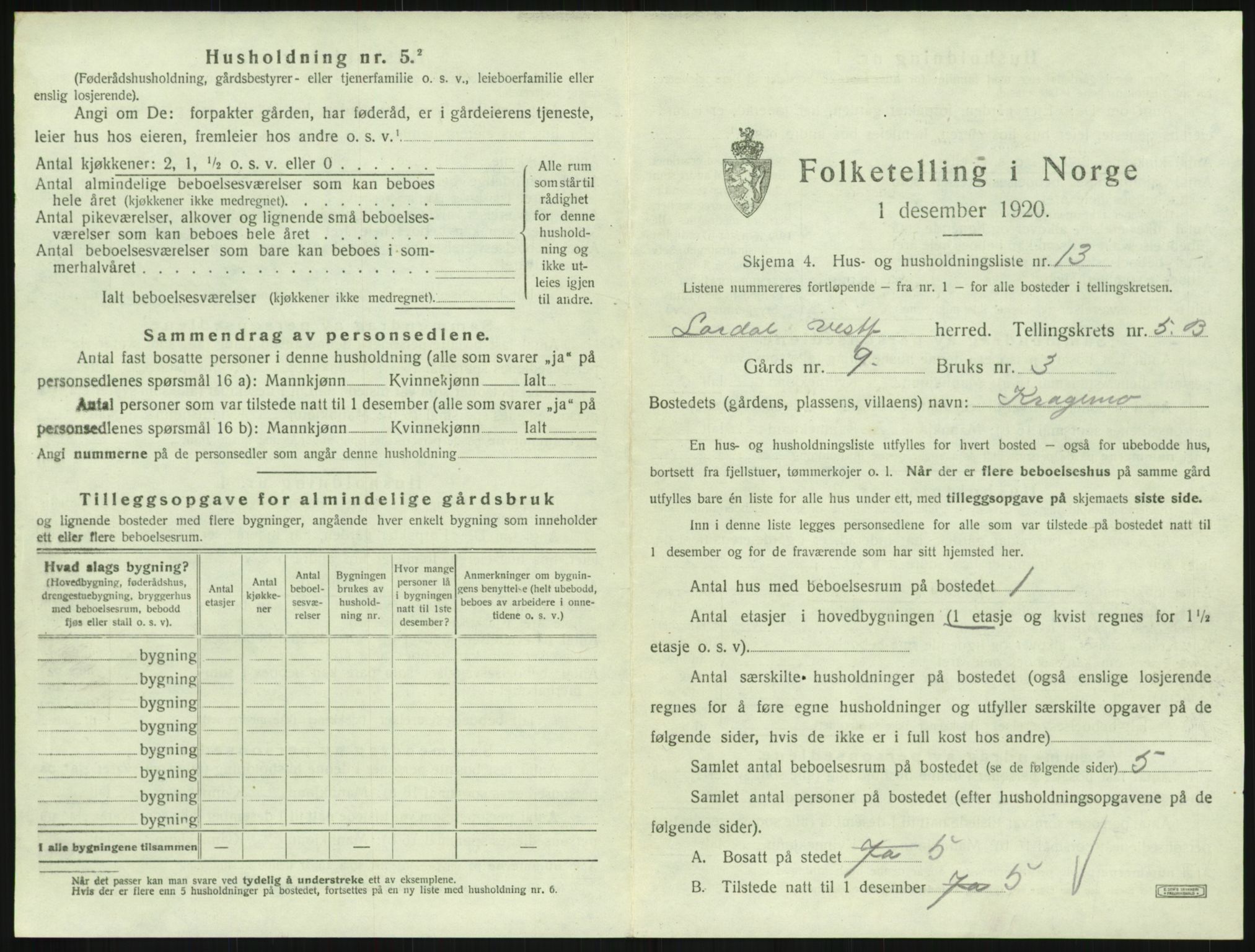 SAKO, 1920 census for Lardal, 1920, p. 845