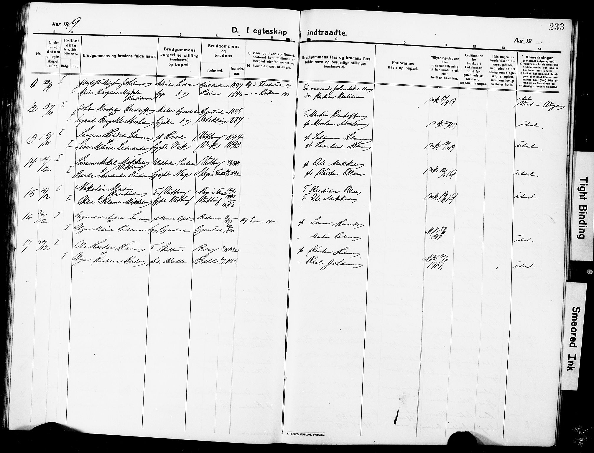 Ministerialprotokoller, klokkerbøker og fødselsregistre - Nordland, AV/SAT-A-1459/881/L1169: Parish register (copy) no. 881C06, 1912-1930, p. 233