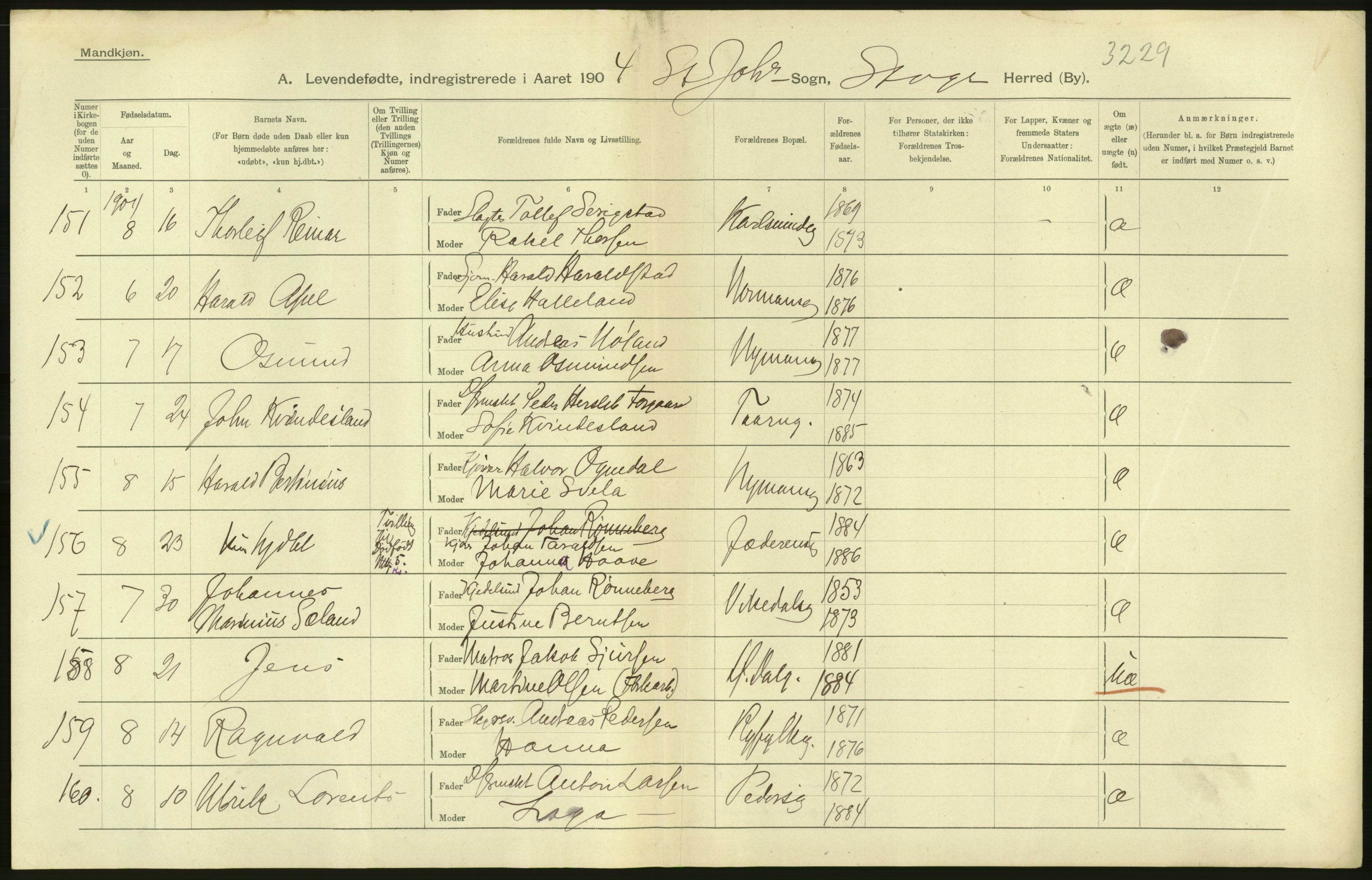 Statistisk sentralbyrå, Sosiodemografiske emner, Befolkning, AV/RA-S-2228/D/Df/Dfa/Dfab/L0012: Stavanger amt: Fødte, gifte, døde, 1904, p. 58