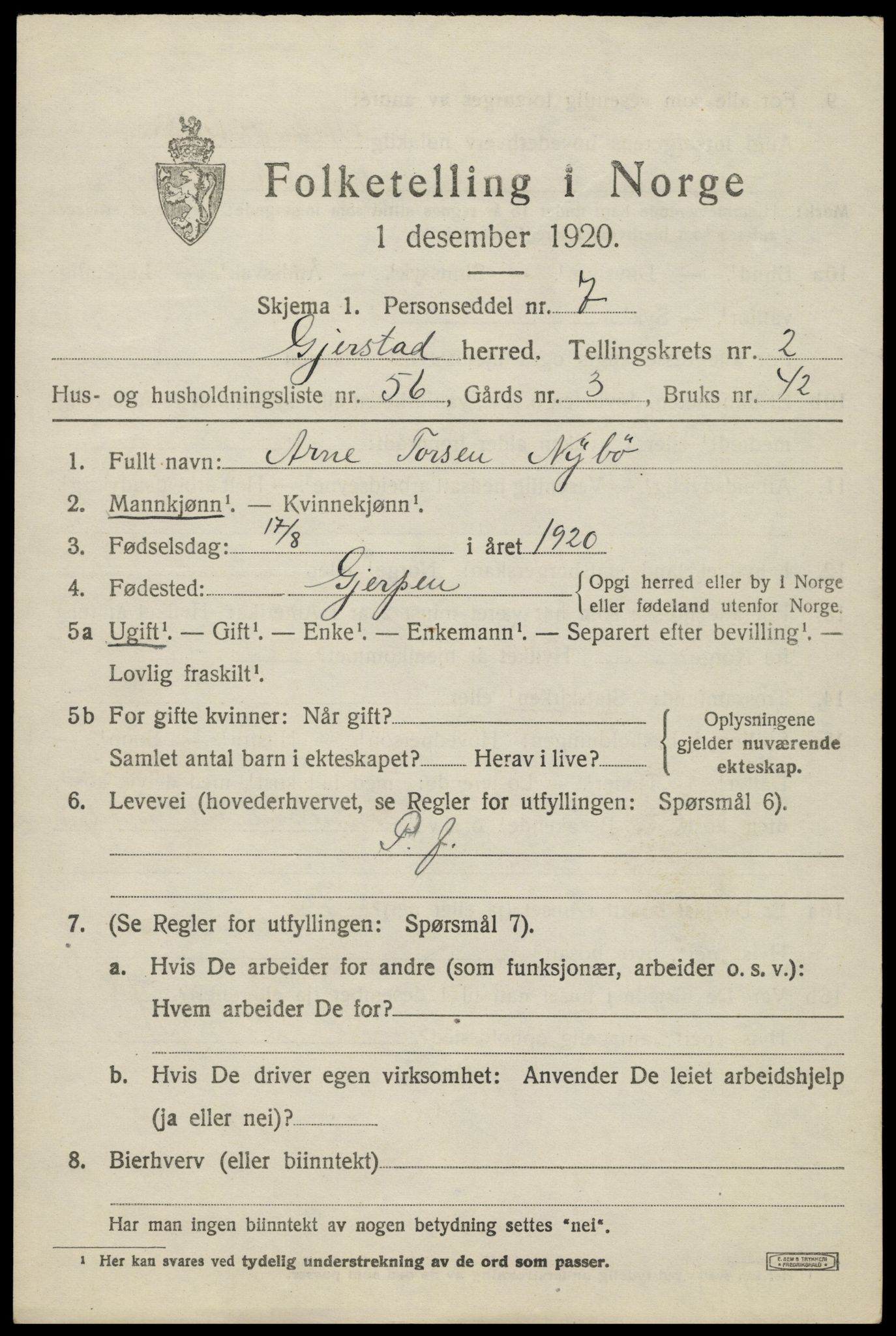 SAK, 1920 census for Gjerstad, 1920, p. 2039