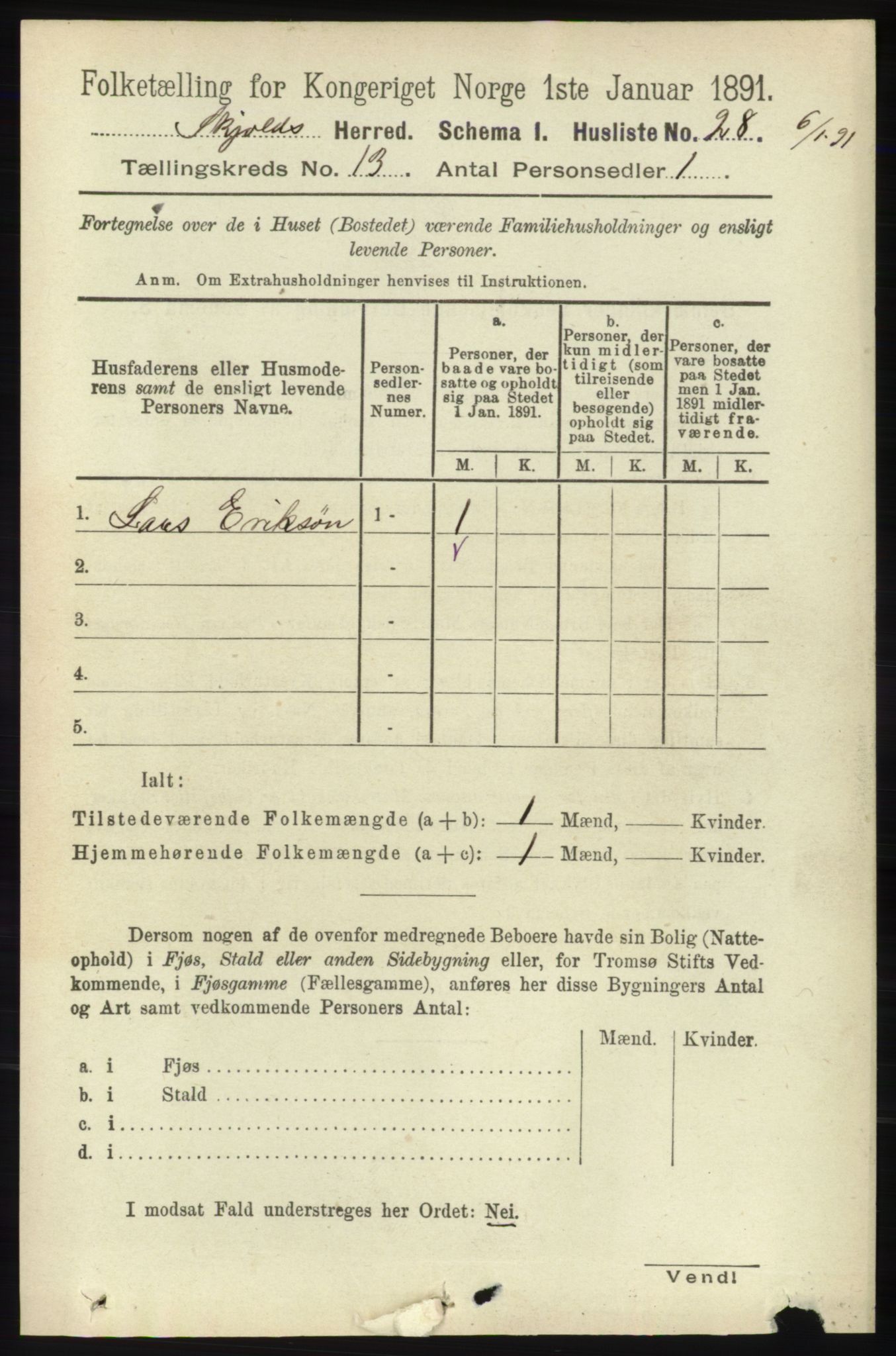 RA, 1891 census for 1154 Skjold, 1891, p. 2398