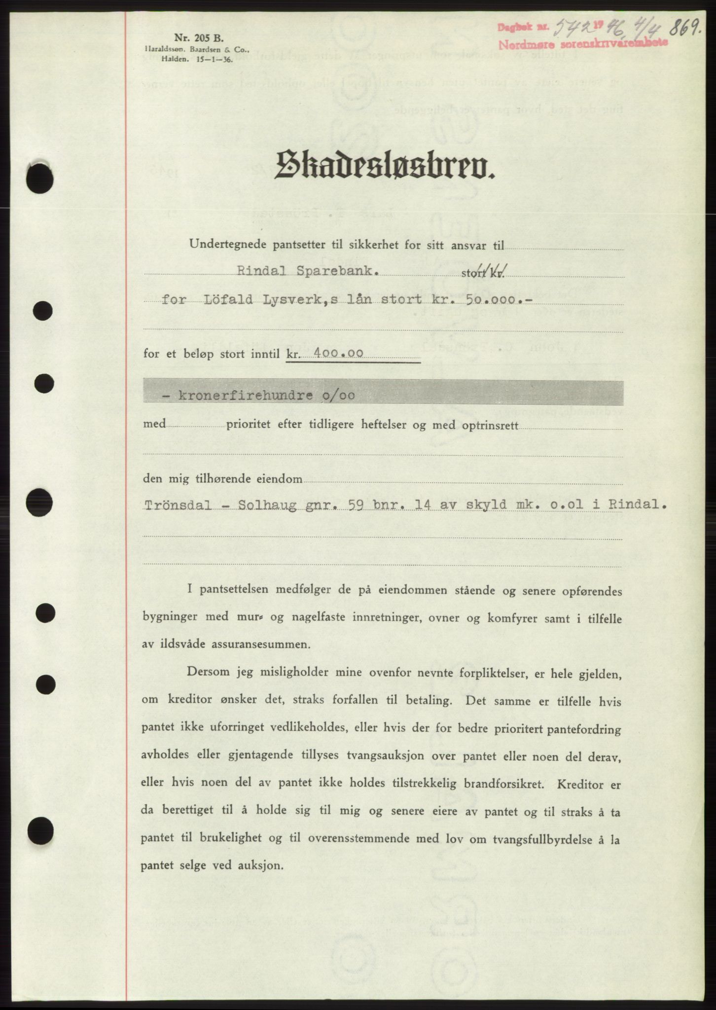 Nordmøre sorenskriveri, AV/SAT-A-4132/1/2/2Ca: Mortgage book no. B93b, 1946-1946, Diary no: : 542/1946