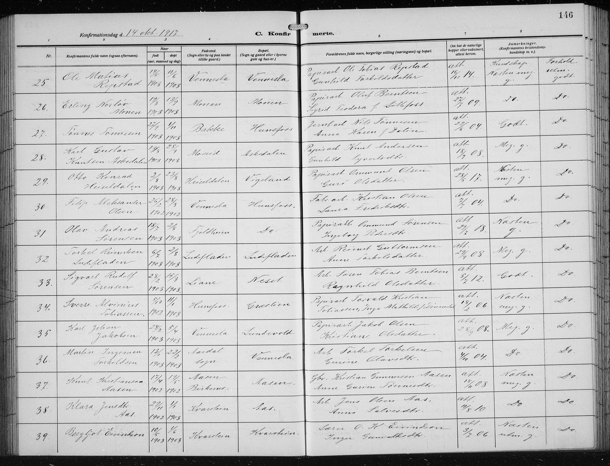 Vennesla sokneprestkontor, SAK/1111-0045/Fb/Fbb/L0006: Parish register (copy) no. B 6, 1914-1921, p. 146