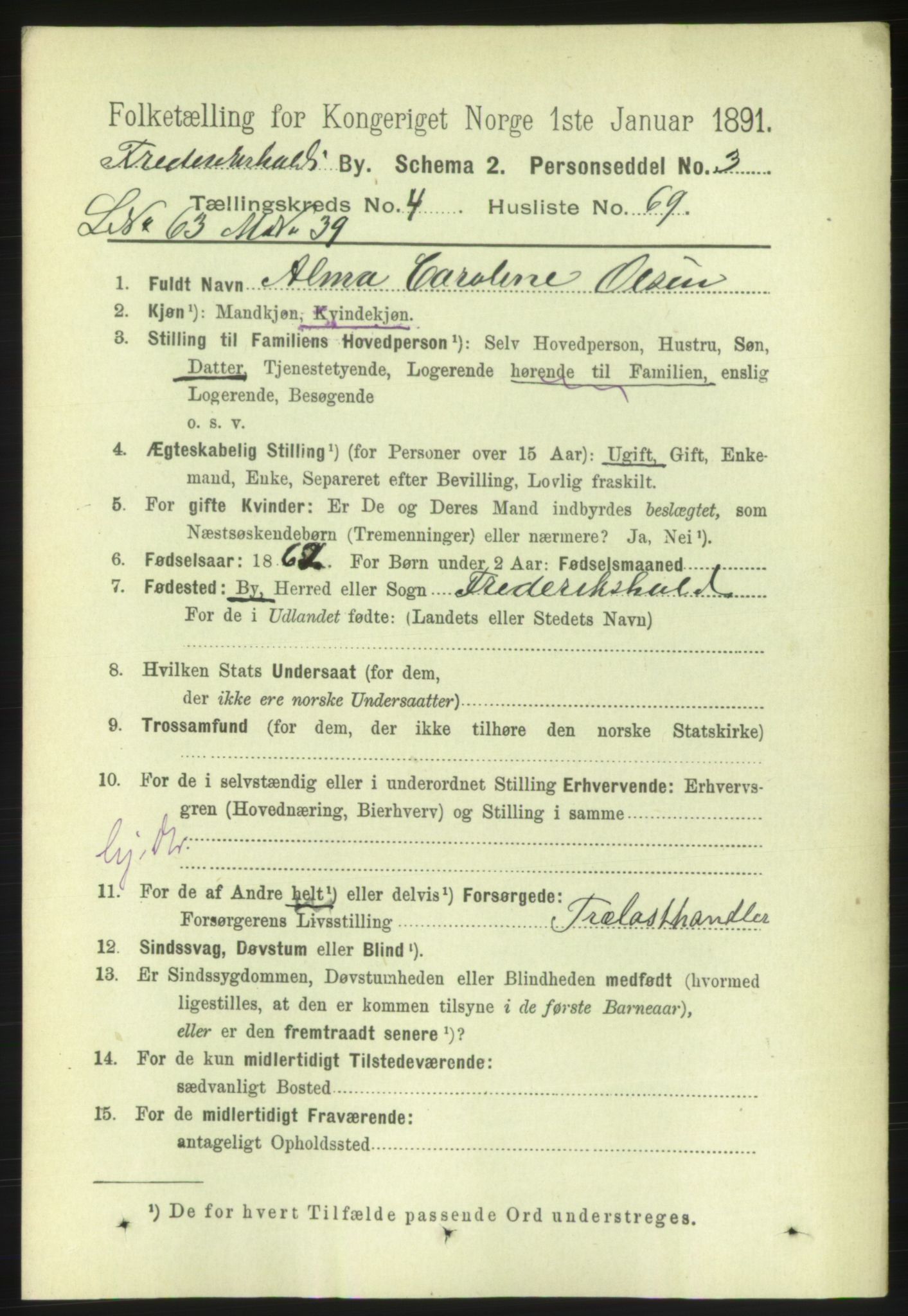 RA, 1891 census for 0101 Fredrikshald, 1891, p. 4009