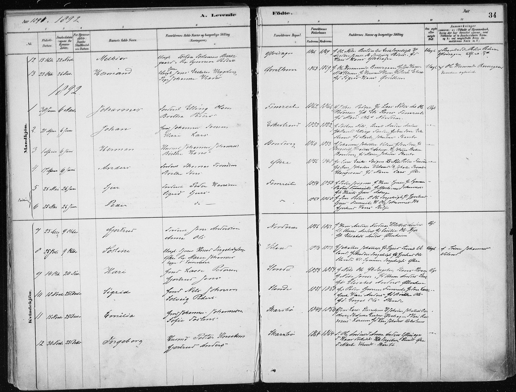 Sogndal sokneprestembete, AV/SAB-A-81301/H/Haa/Haac/L0001: Parish register (official) no. C 1, 1878-1907, p. 34