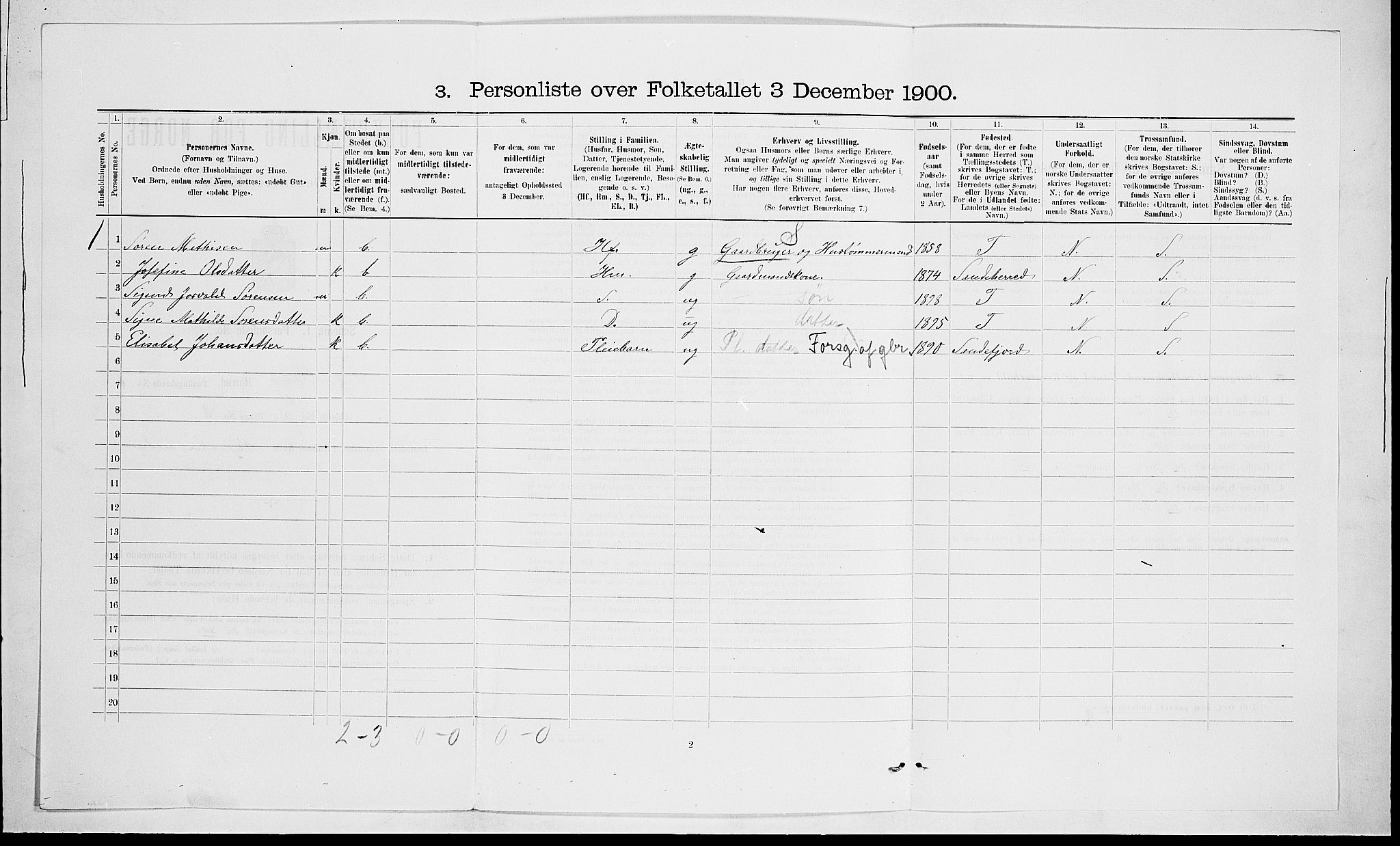 RA, 1900 census for Tjølling, 1900, p. 1049