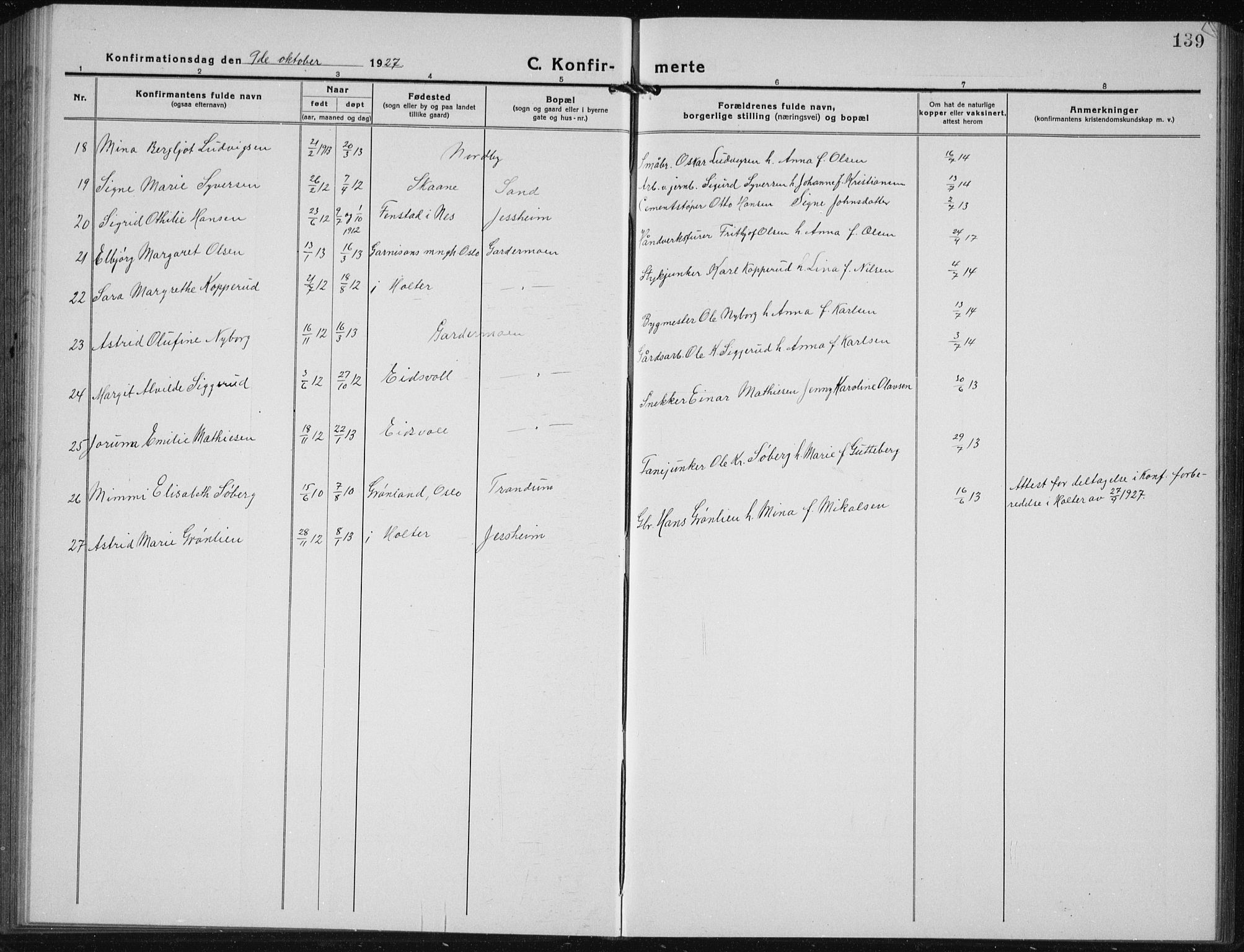 Ullensaker prestekontor Kirkebøker, SAO/A-10236a/G/Gb/L0002: Parish register (copy) no. II 2, 1917-1941, p. 139