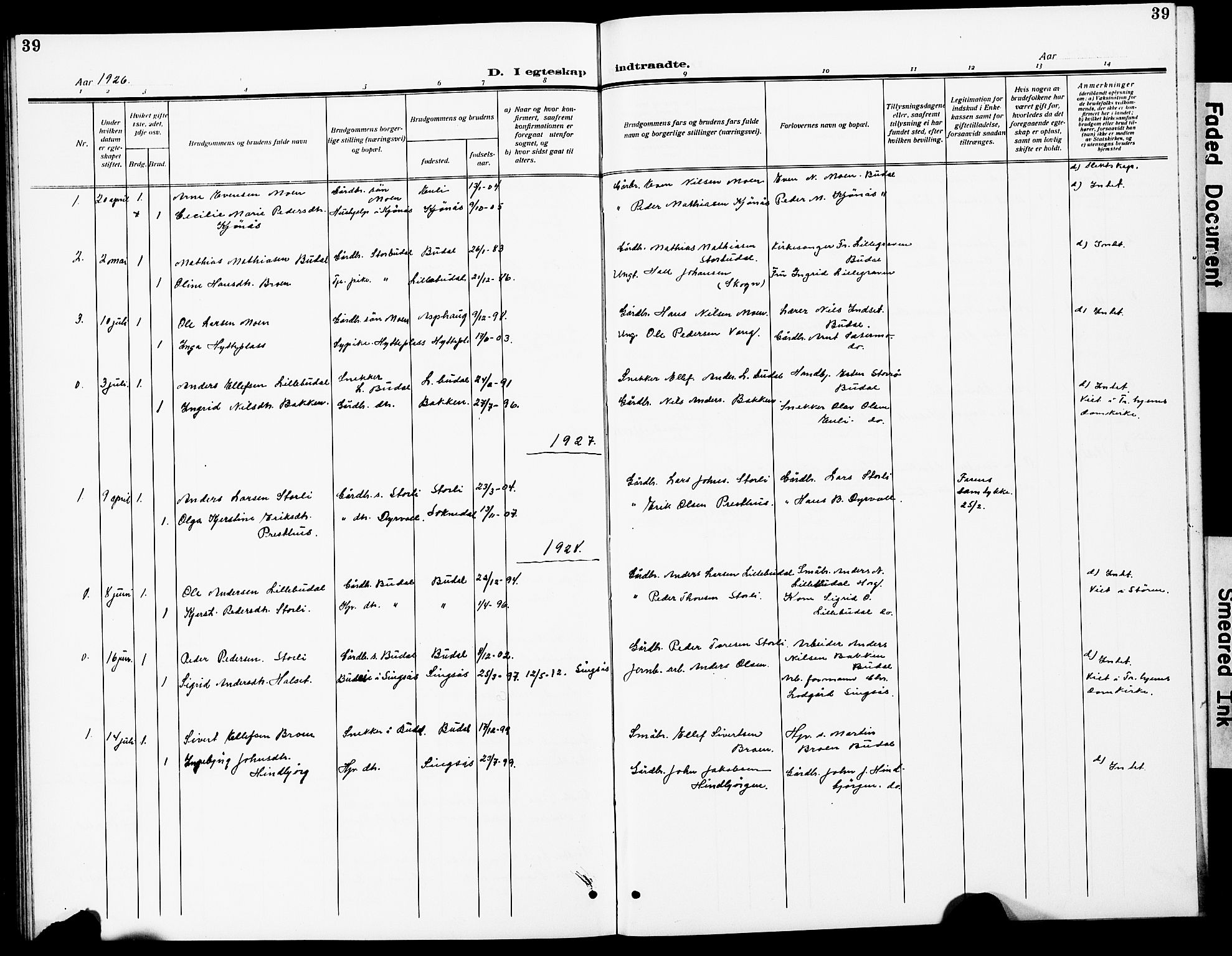 Ministerialprotokoller, klokkerbøker og fødselsregistre - Sør-Trøndelag, SAT/A-1456/690/L1052: Parish register (copy) no. 690C02, 1907-1929, p. 39