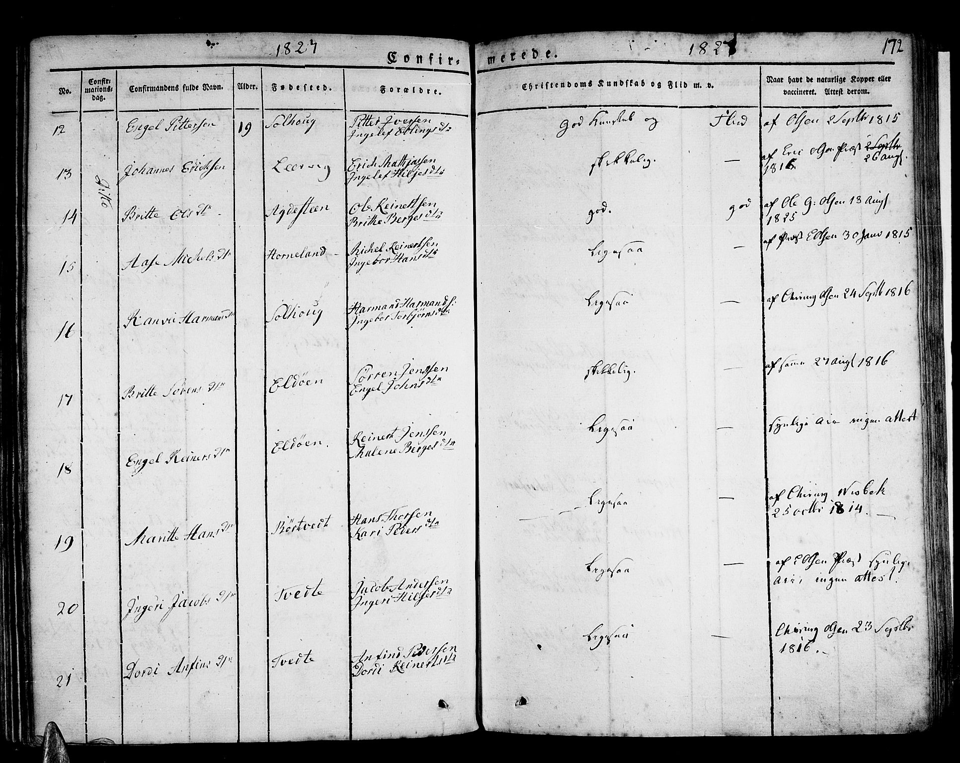 Stord sokneprestembete, SAB/A-78201/H/Haa: Parish register (official) no. A 6, 1826-1840, p. 172