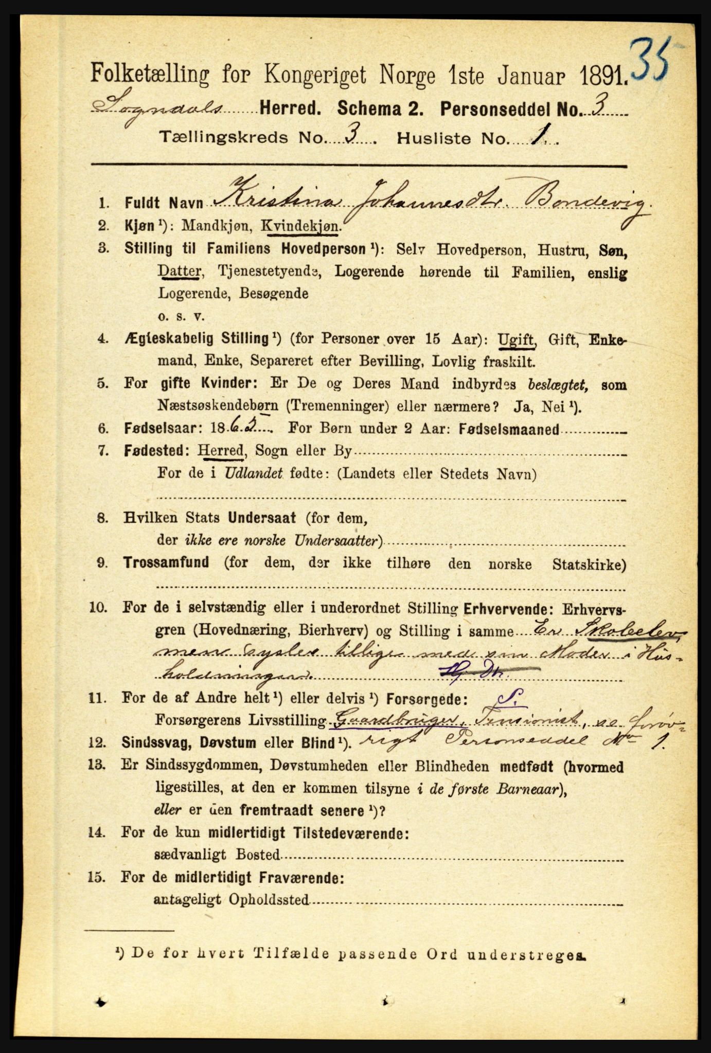 RA, 1891 census for 1420 Sogndal, 1891, p. 1485