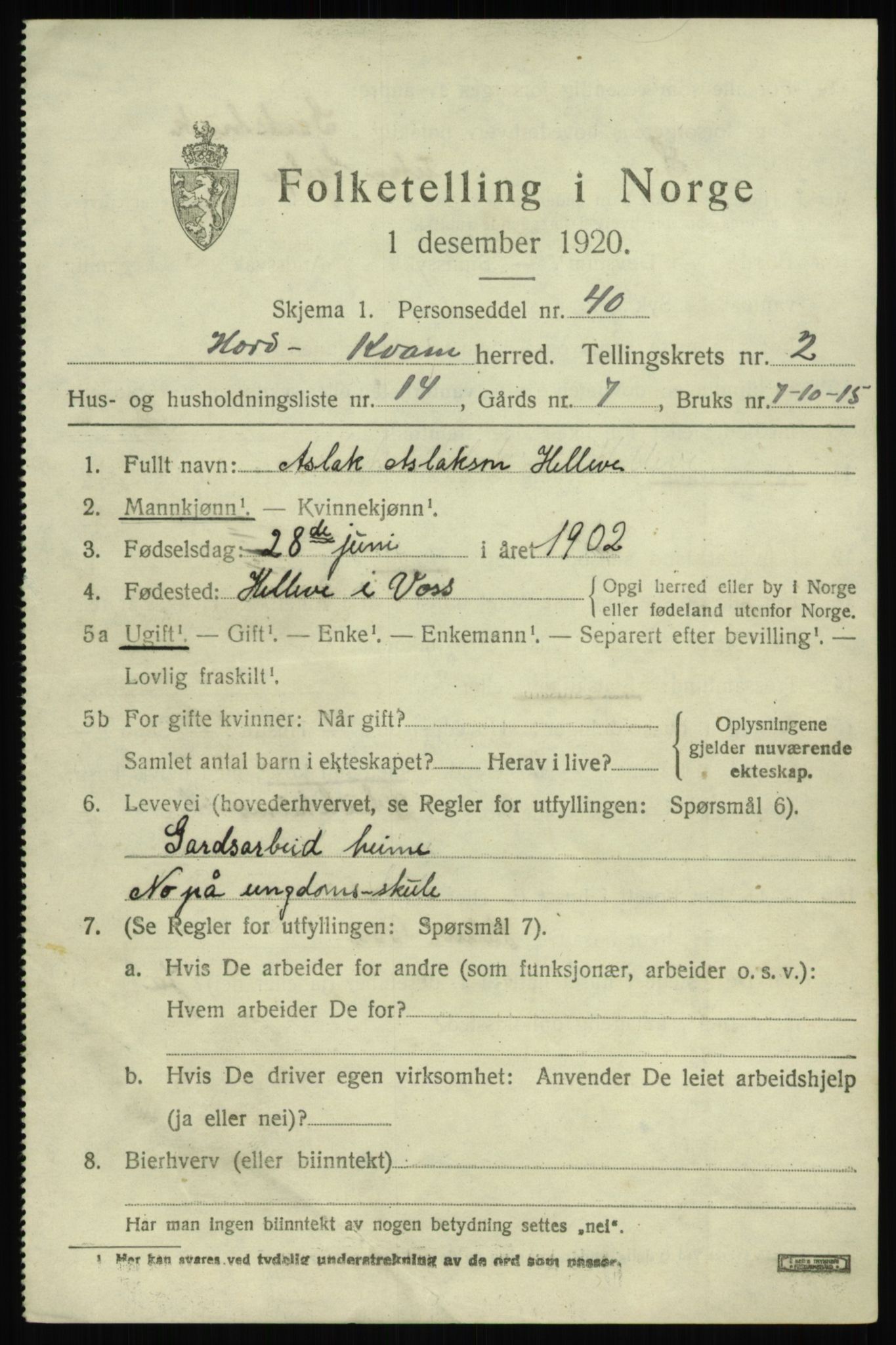 SAB, 1920 census for Kvam, 1920, p. 2049