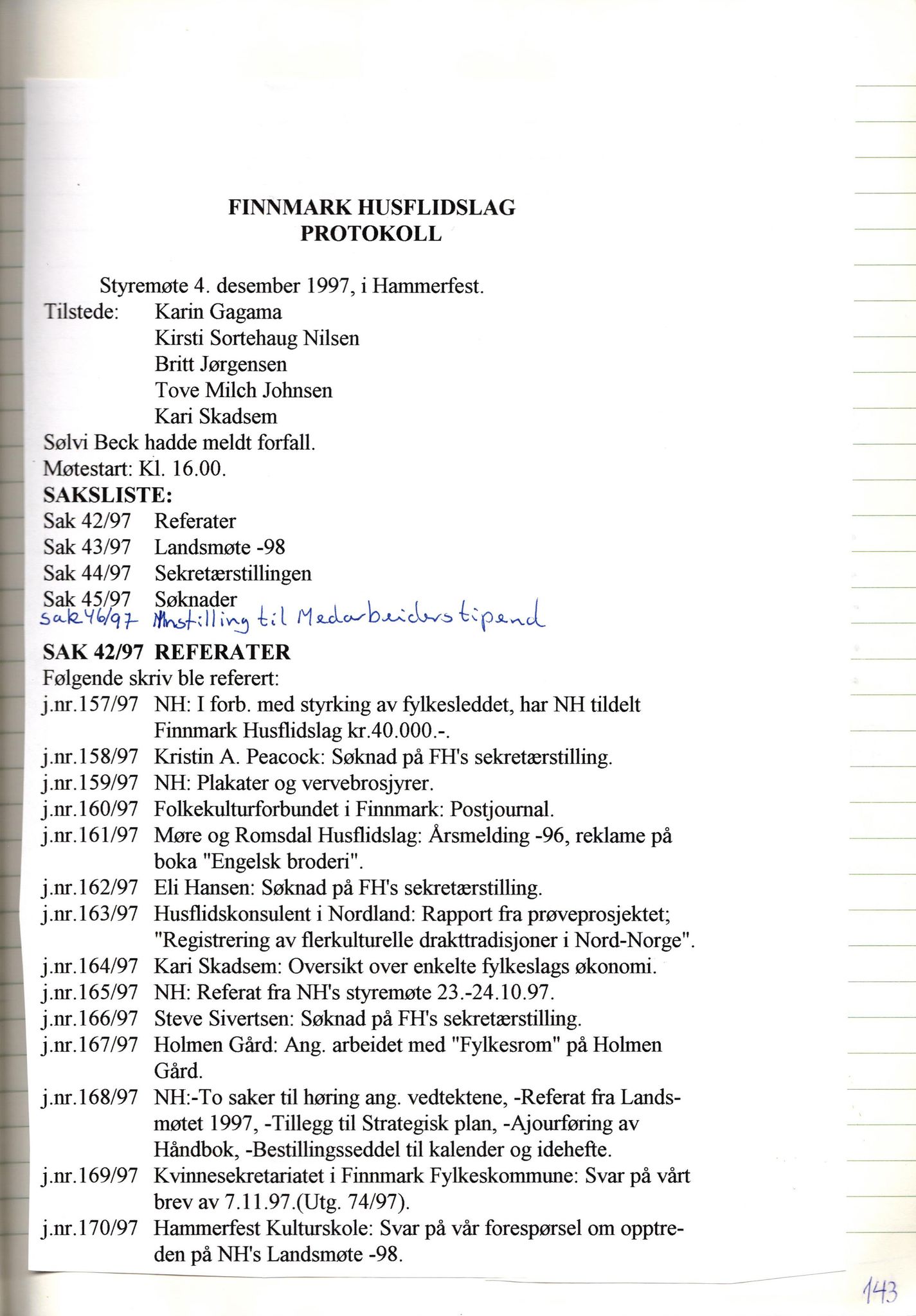 Finnmark Husflidslag, FMFB/A-1134/A/L0004: Møtebok, 1995-2000, p. 147