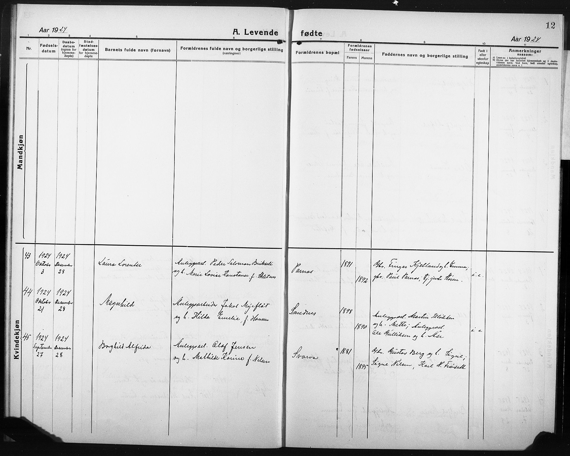 Ministerialprotokoller, klokkerbøker og fødselsregistre - Nord-Trøndelag, SAT/A-1458/749/L0480: Parish register (copy) no. 749C02, 1924-1932, p. 12