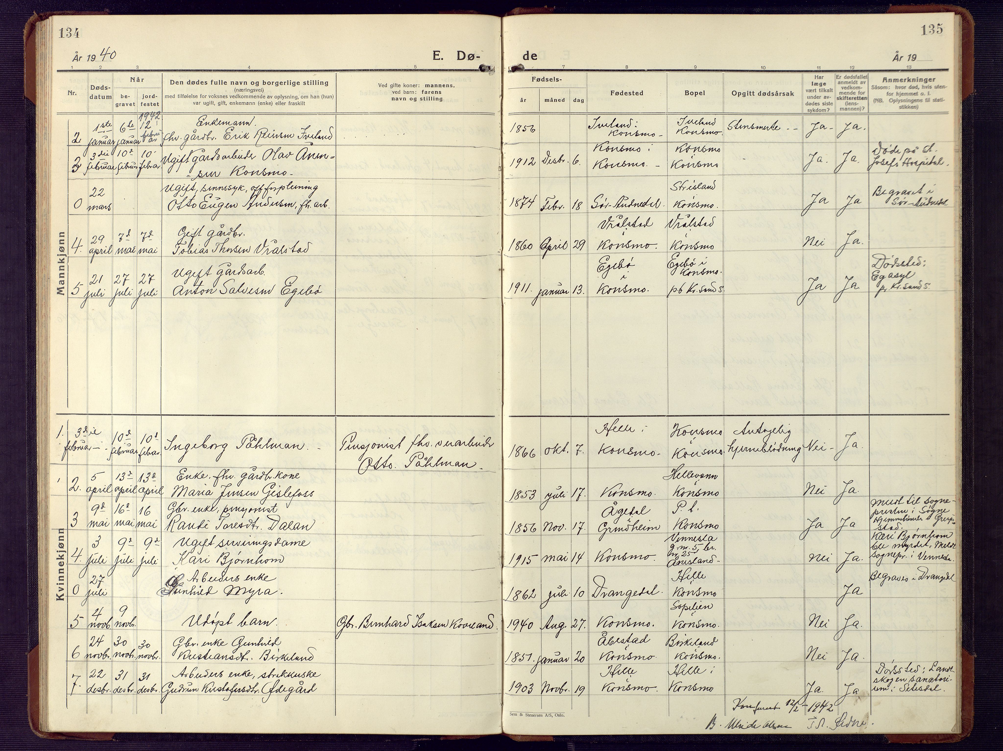 Nord-Audnedal sokneprestkontor, SAK/1111-0032/F/Fb/Fba/L0006: Parish register (copy) no. B 6, 1929-1946, p. 134-135
