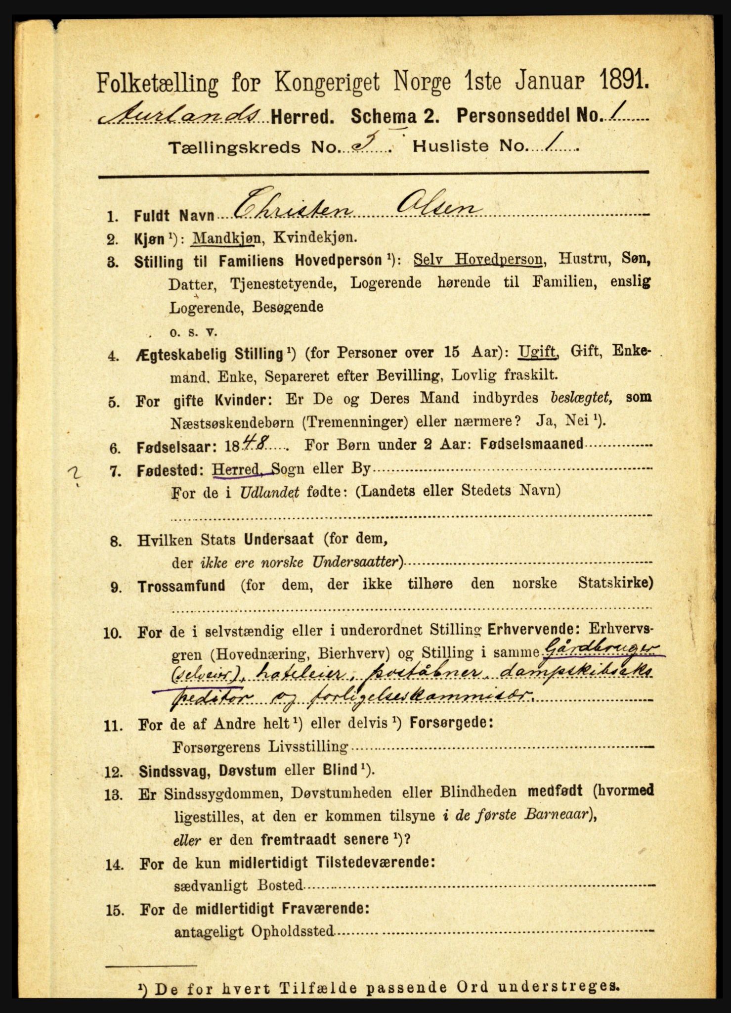 RA, 1891 census for 1421 Aurland, 1891, p. 1786