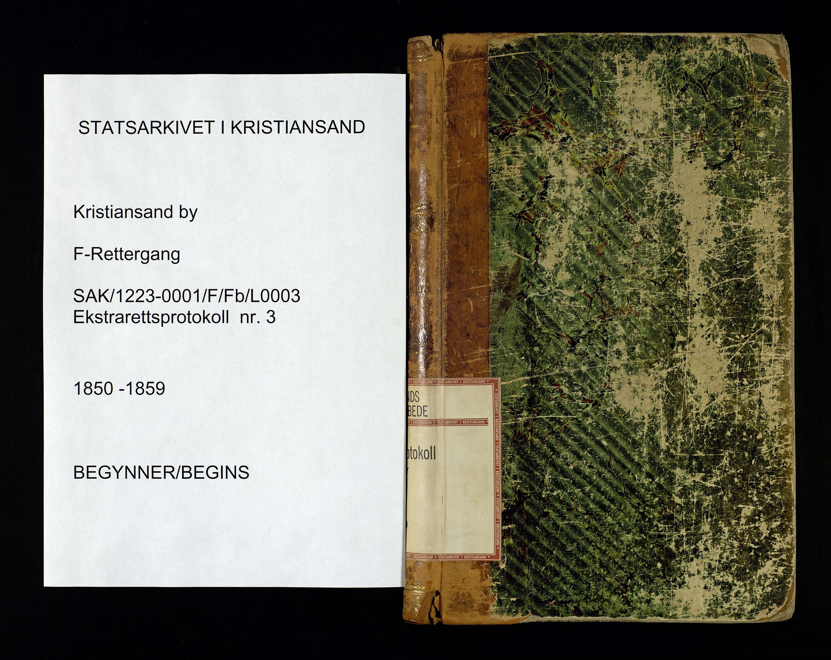 Kristiansand byrett, SAK/1223-0001/F/Fb/L0003: Ekstrarettsprotokoll nr. 3 med register, 1850-1859