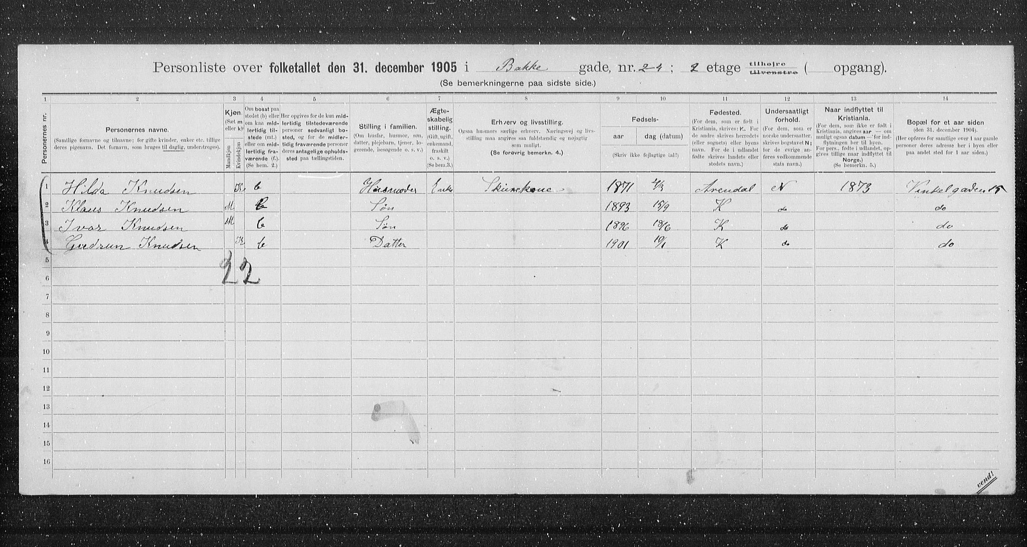 OBA, Municipal Census 1905 for Kristiania, 1905, p. 1359