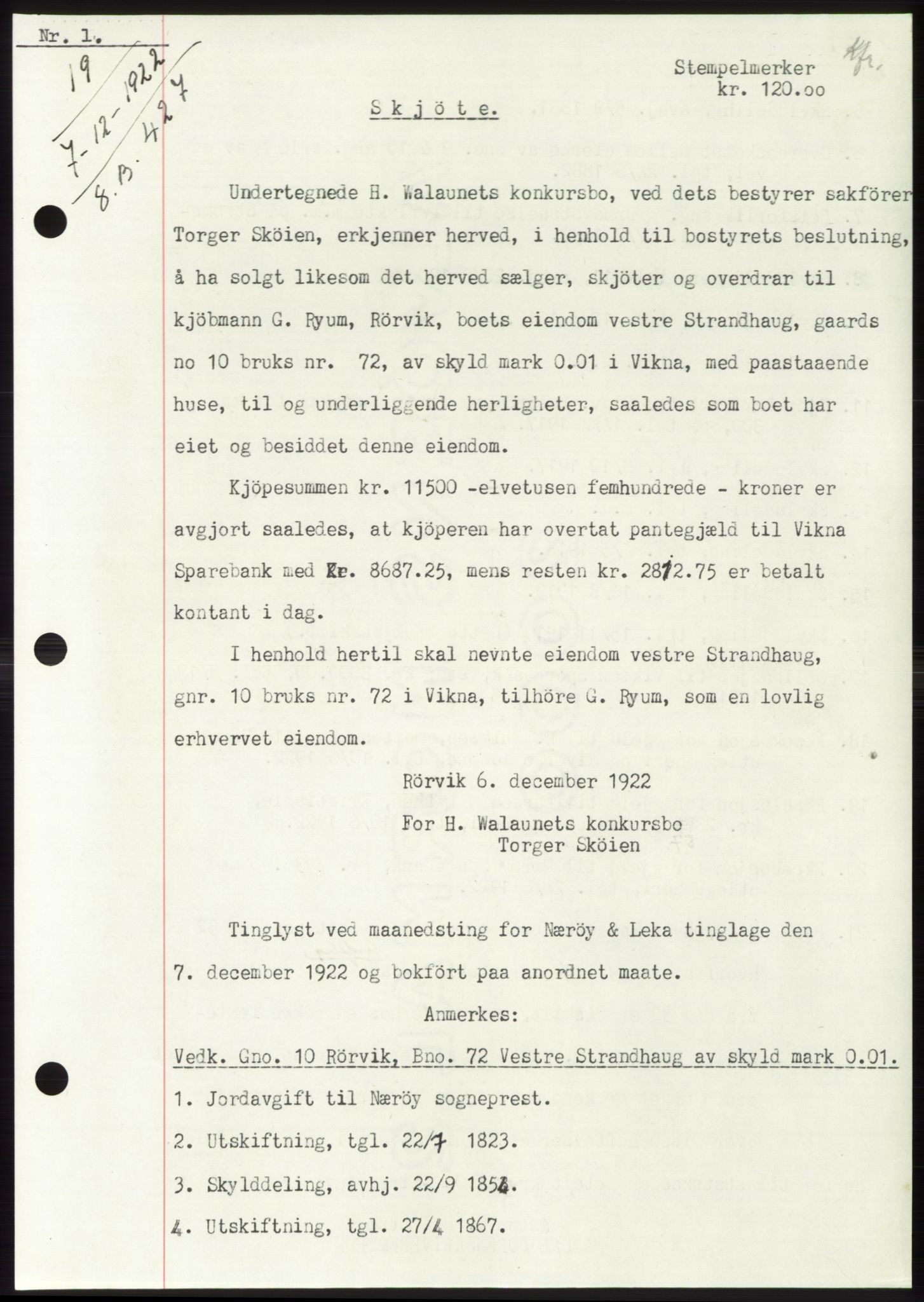 Namdal sorenskriveri, SAT/A-4133/1/2/2C: Mortgage book no. -, 1922-1925, Deed date: 07.12.1922