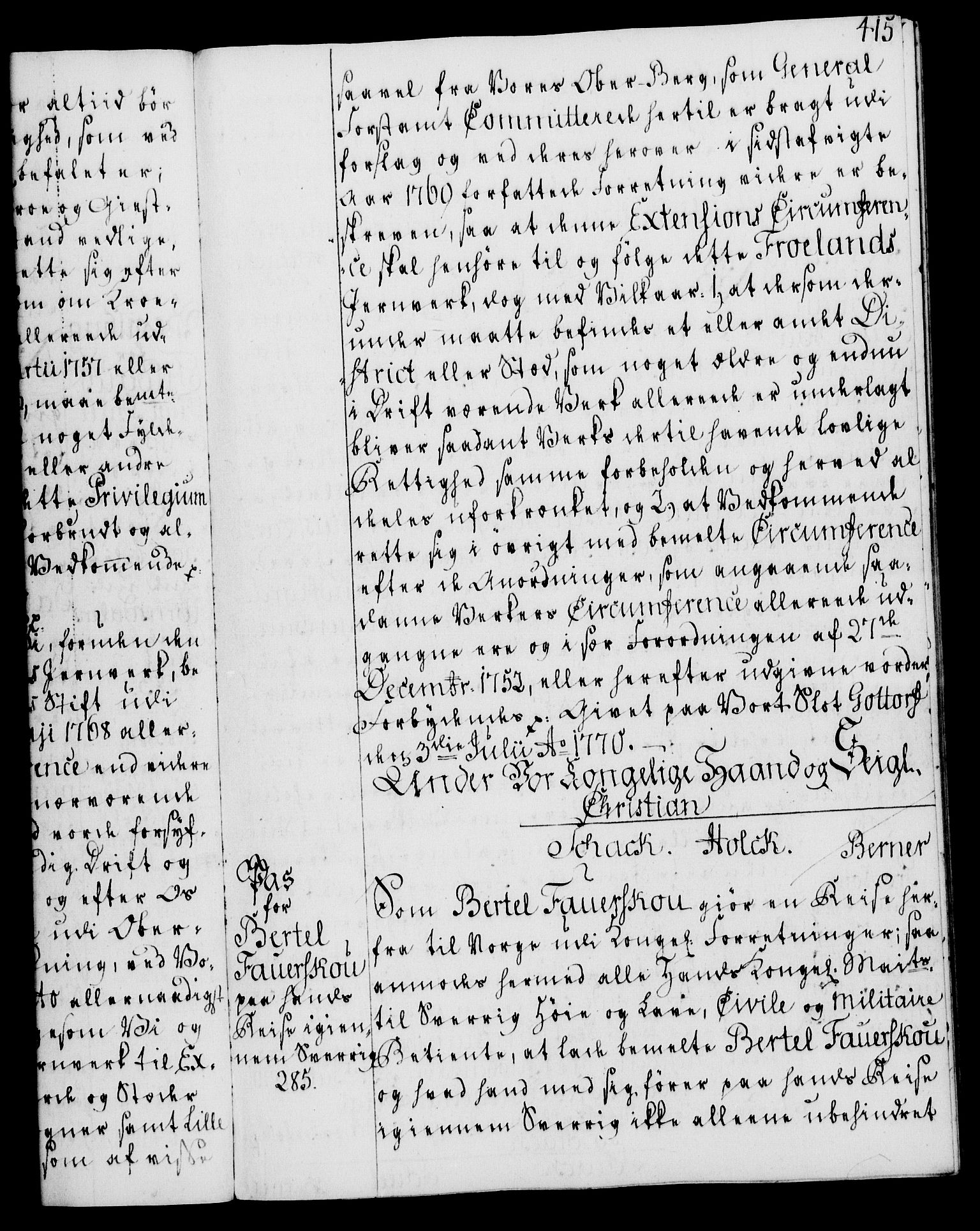 Rentekammeret, Kammerkanselliet, RA/EA-3111/G/Gg/Gga/L0008: Norsk ekspedisjonsprotokoll med register (merket RK 53.8), 1768-1771, p. 415