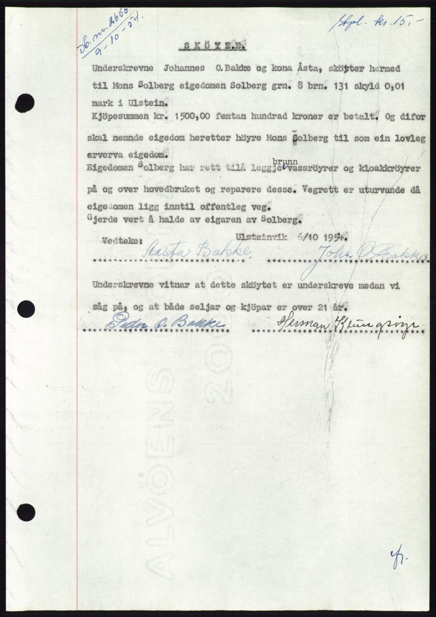 Søre Sunnmøre sorenskriveri, AV/SAT-A-4122/1/2/2C/L0099: Mortgage book no. 25A, 1954-1954, Diary no: : 2655/1954