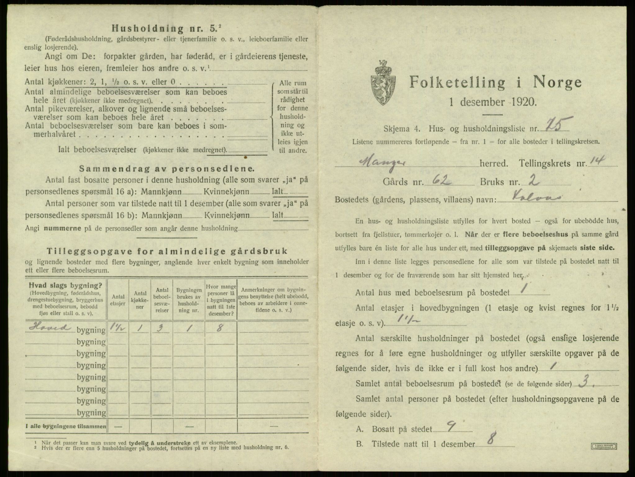 SAB, 1920 census for Manger, 1920, p. 1119