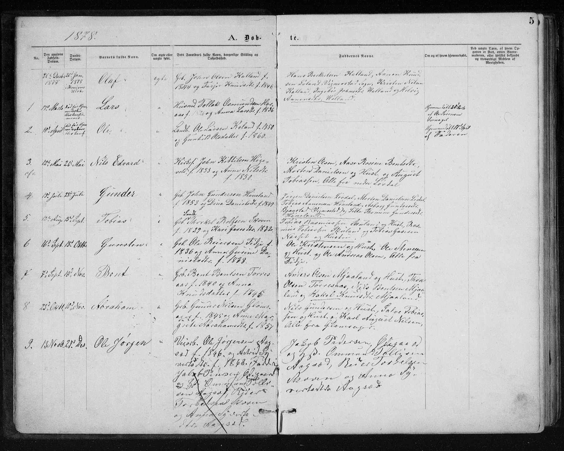 Holum sokneprestkontor, AV/SAK-1111-0022/F/Fb/Fbb/L0003: Parish register (copy) no. B 3, 1875-1898, p. 5