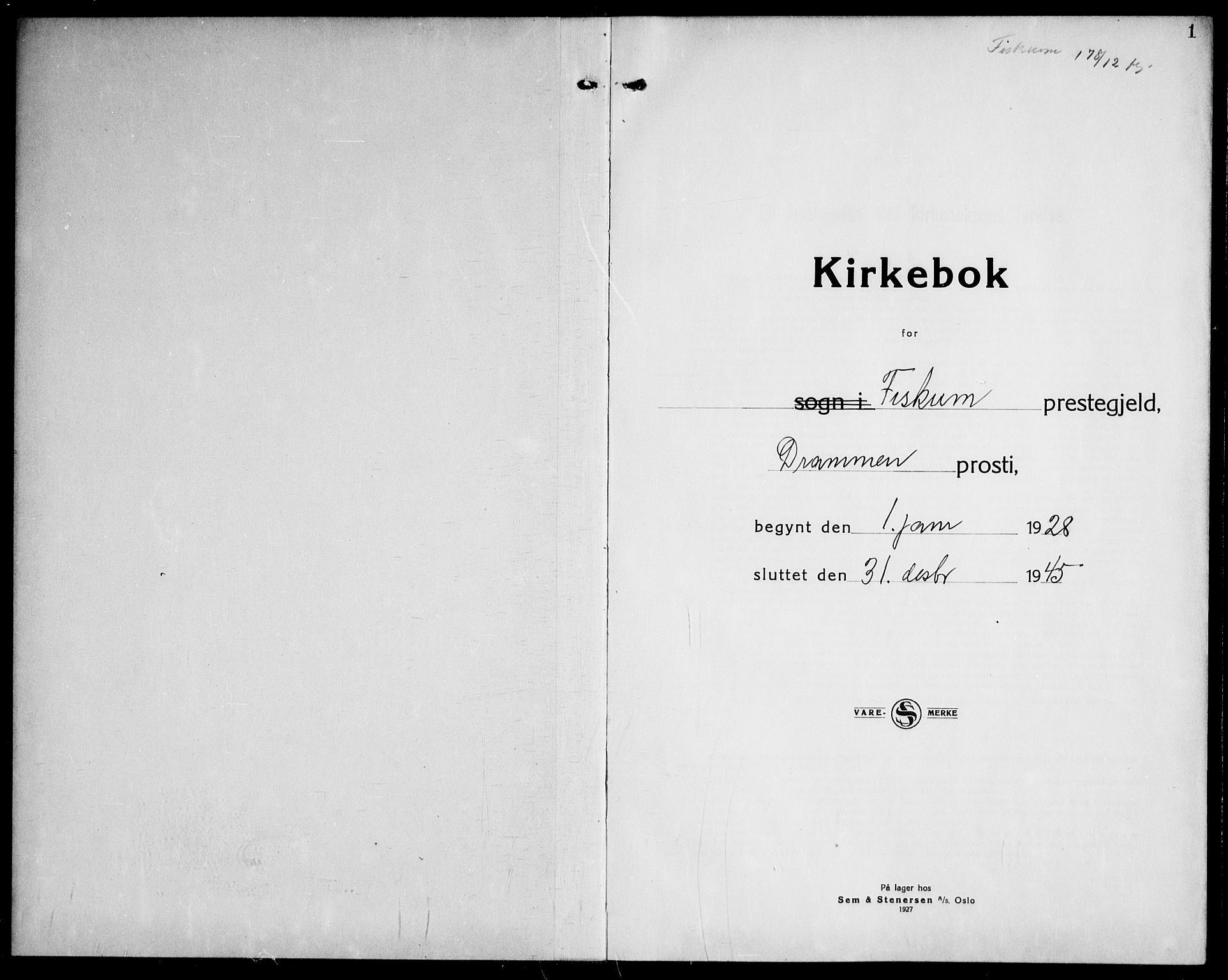 Fiskum kirkebøker, AV/SAKO-A-15/G/Ga/L0007: Parish register (copy) no. 7, 1928-1945, p. 1