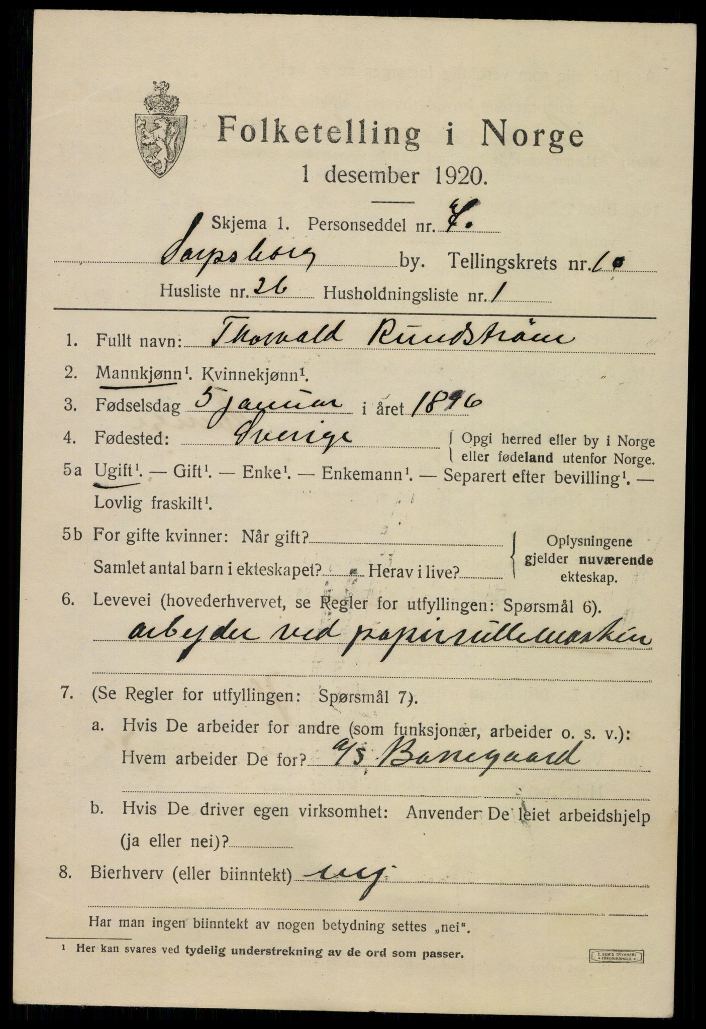 SAO, 1920 census for Sarpsborg, 1920, p. 21376