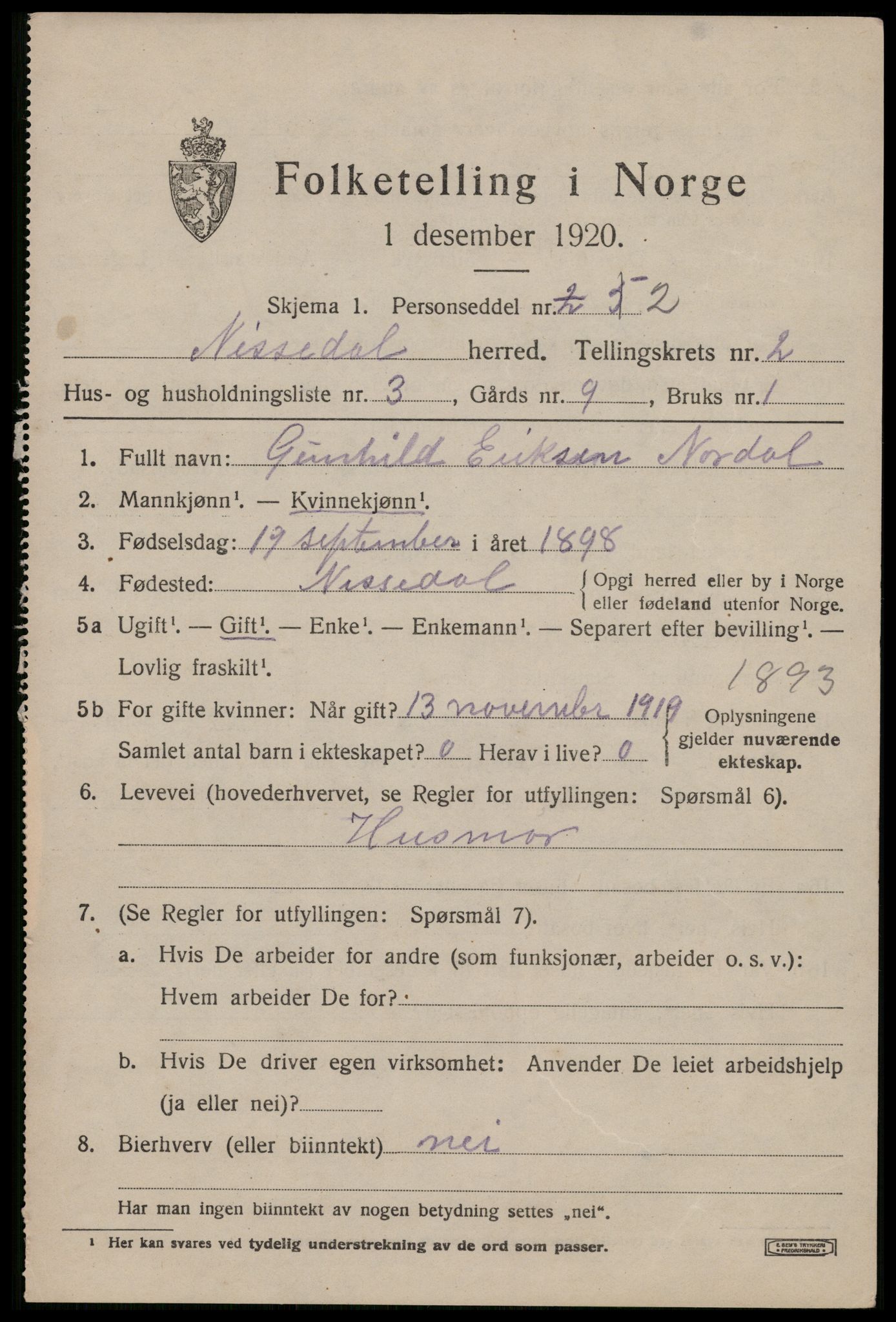 SAKO, 1920 census for Nissedal, 1920, p. 1293