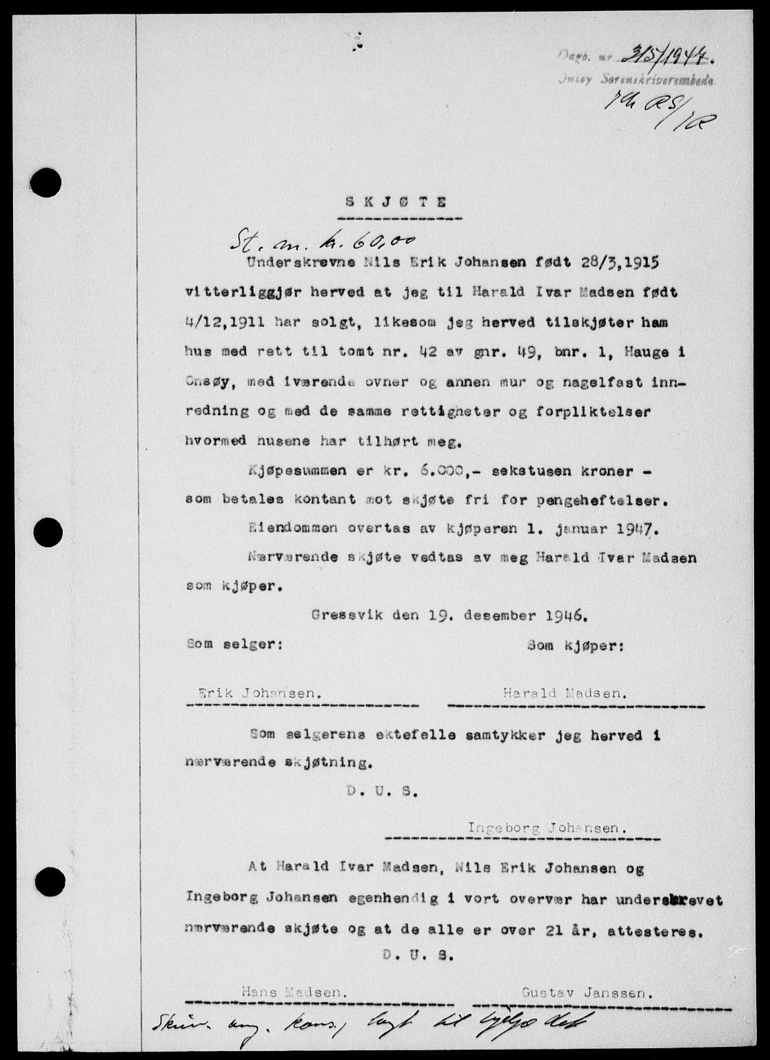 Onsøy sorenskriveri, SAO/A-10474/G/Ga/Gab/L0018: Mortgage book no. II A-18, 1946-1947, Diary no: : 315/1947