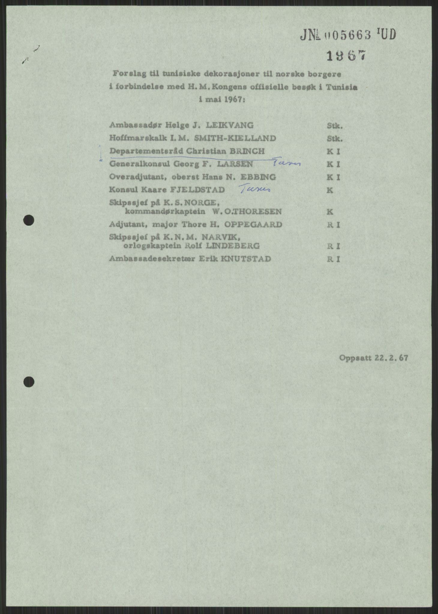 Utenriksdepartementet, hovedarkiv, RA/S-6794/D/Da/Daa/L0542: Ordensvesen. Statsoverhoders og fyrsters jubiléer og begravelser. Ordensvesen. Statsoverhoders og fyrsters jubiléer og begravelser. Statsjubiléer. Fyrstebesøk (utvekslinger). Flåtebesøk (utvekslinger), 1960-1969, p. 659