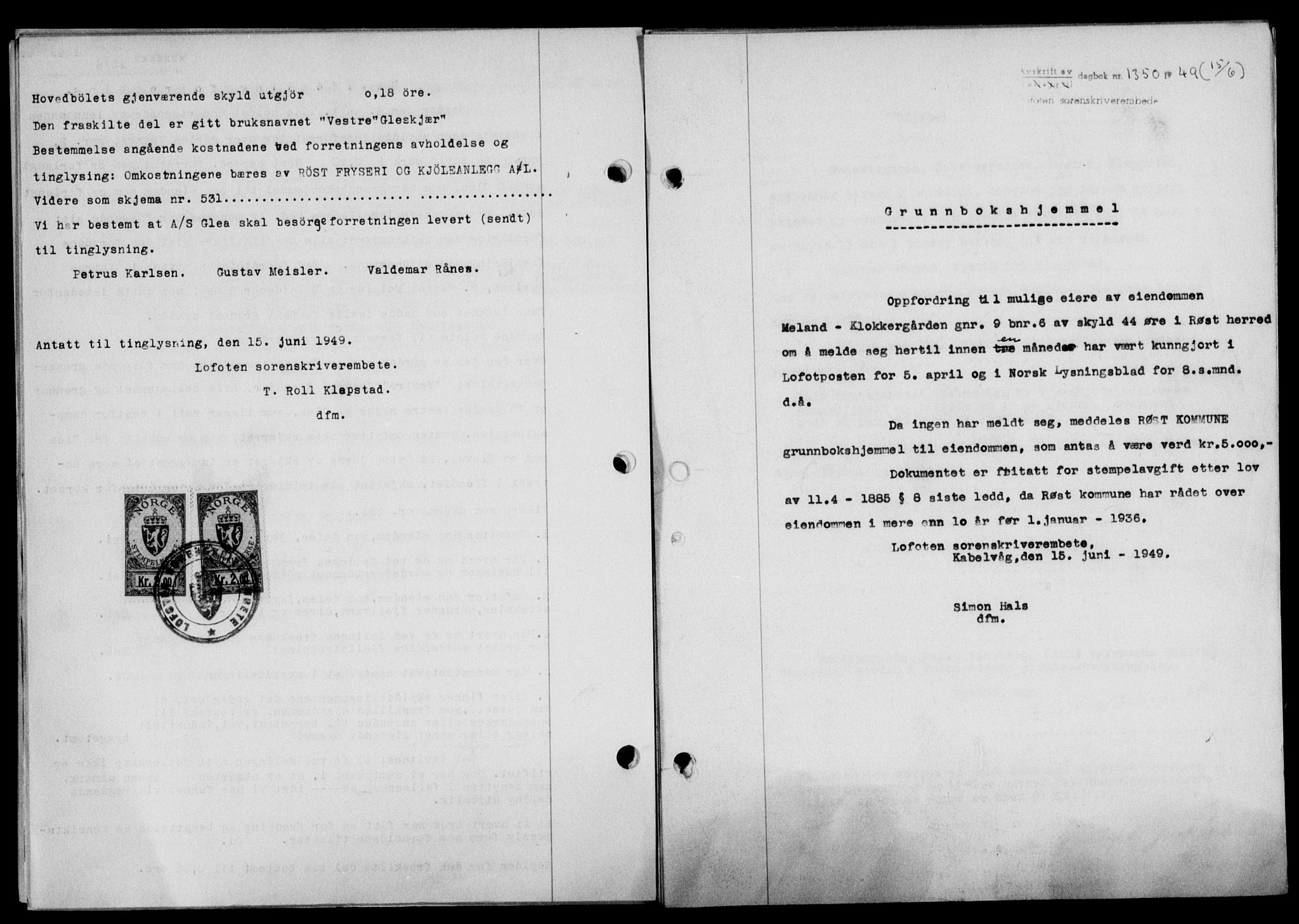 Lofoten sorenskriveri, SAT/A-0017/1/2/2C/L0021a: Mortgage book no. 21a, 1949-1949, Diary no: : 1350/1949
