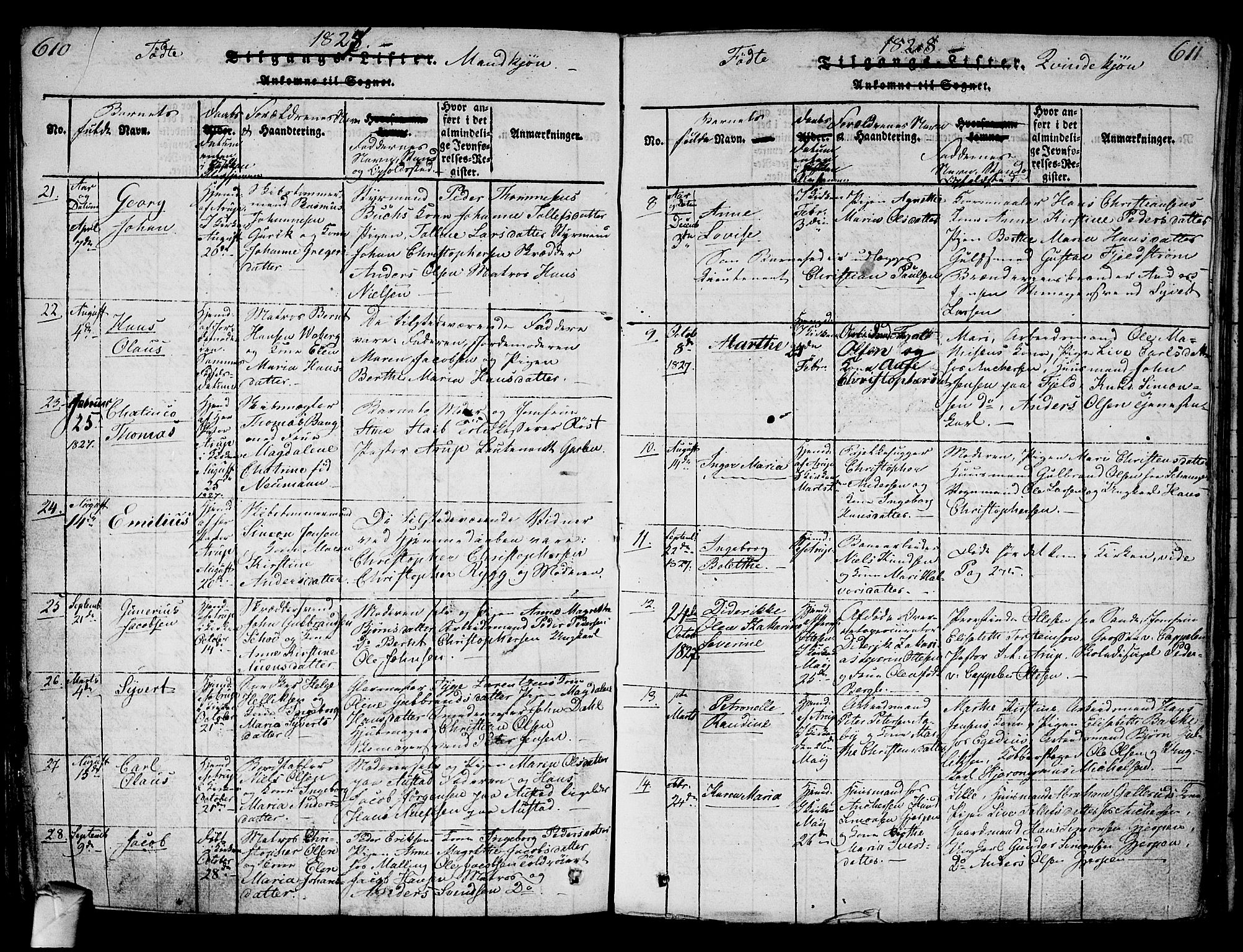 Strømsø kirkebøker, AV/SAKO-A-246/G/Ga/L0001: Parish register (copy) no. 1, 1815-1829, p. 610-611