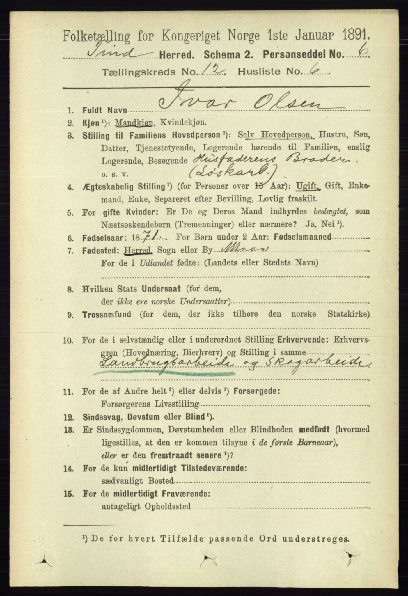 RA, 1891 census for 0826 Tinn, 1891, p. 2355