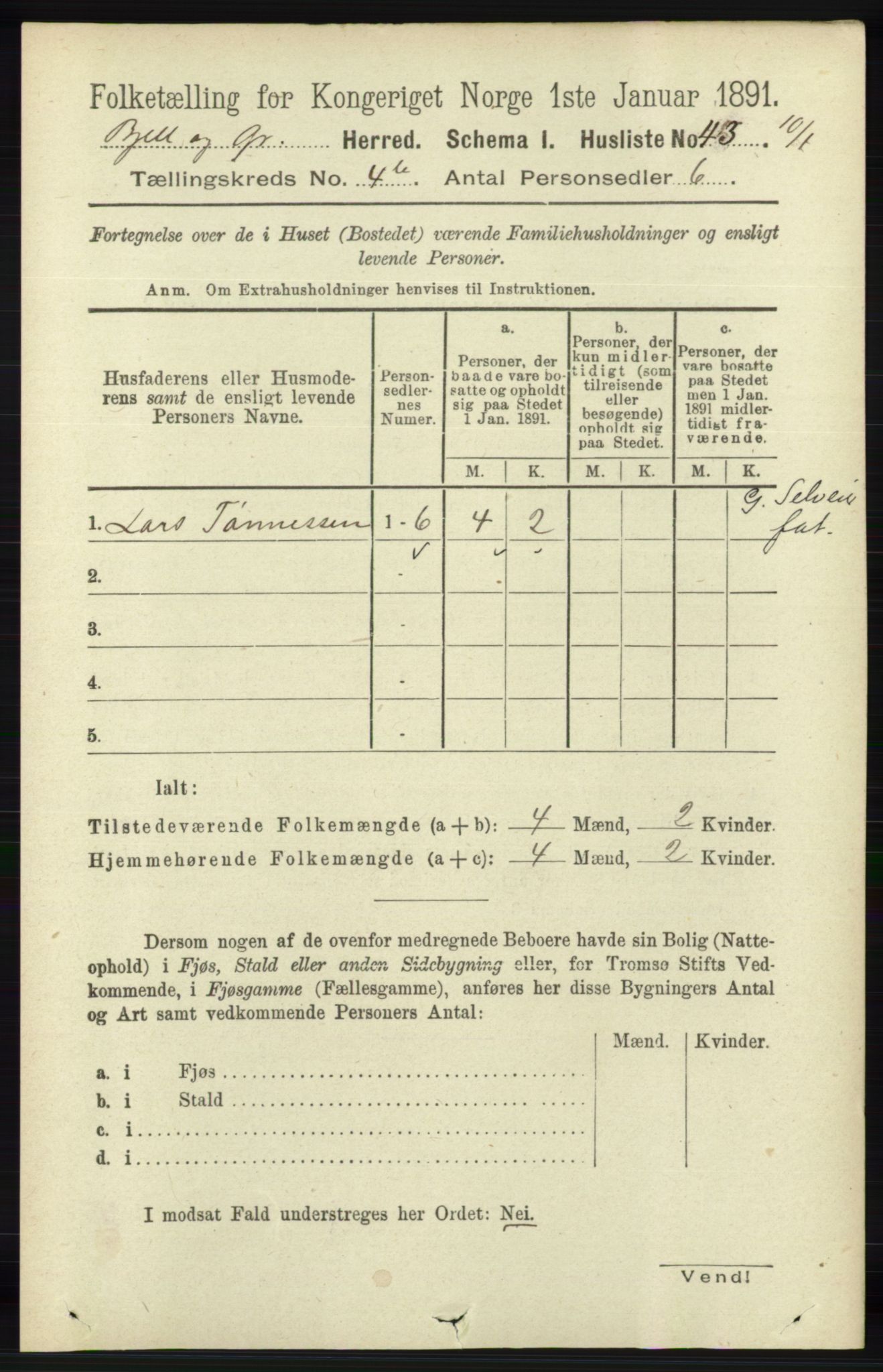 RA, 1891 census for 1024 Bjelland og Grindheim, 1891, p. 2070