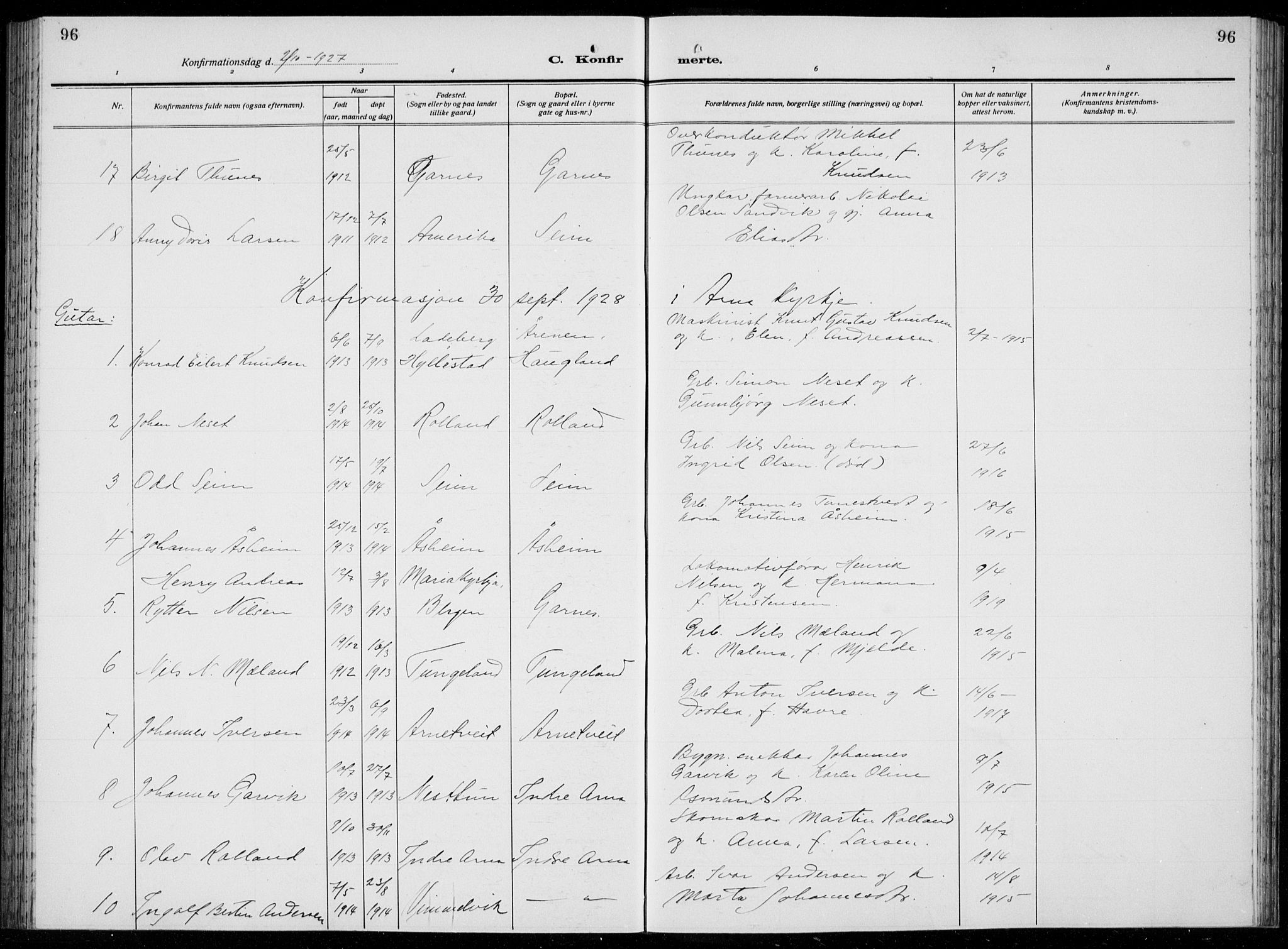 Arna Sokneprestembete, SAB/A-74001/H/Ha/Hab: Parish register (copy) no. A  6, 1922-1936, p. 96