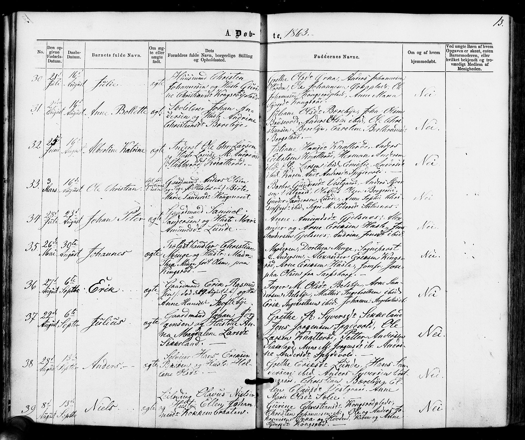 Varteig prestekontor Kirkebøker, AV/SAO-A-10447a/F/Fa/L0001: Parish register (official) no. 1, 1861-1877, p. 13