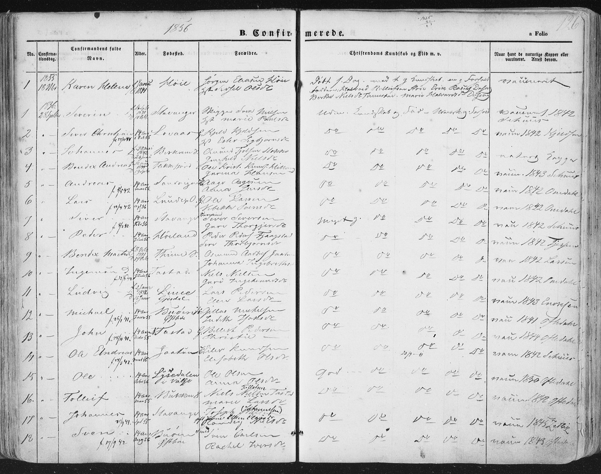 Hetland sokneprestkontor, AV/SAST-A-101826/30/30BA/L0002: Parish register (official) no. A 2, 1849-1869, p. 126