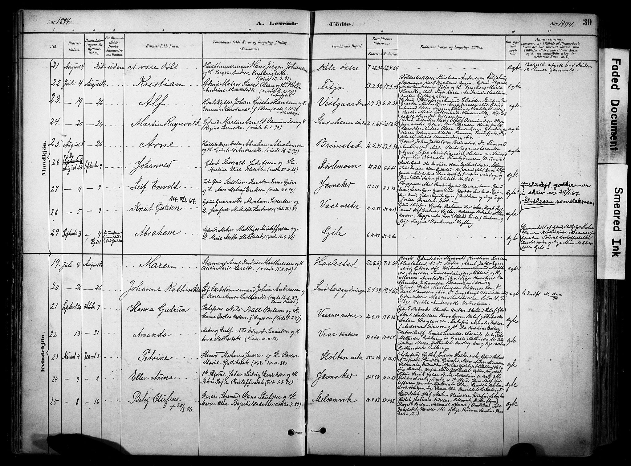 Stokke kirkebøker, AV/SAKO-A-320/F/Fa/L0010: Parish register (official) no. I 10, 1884-1903, p. 39