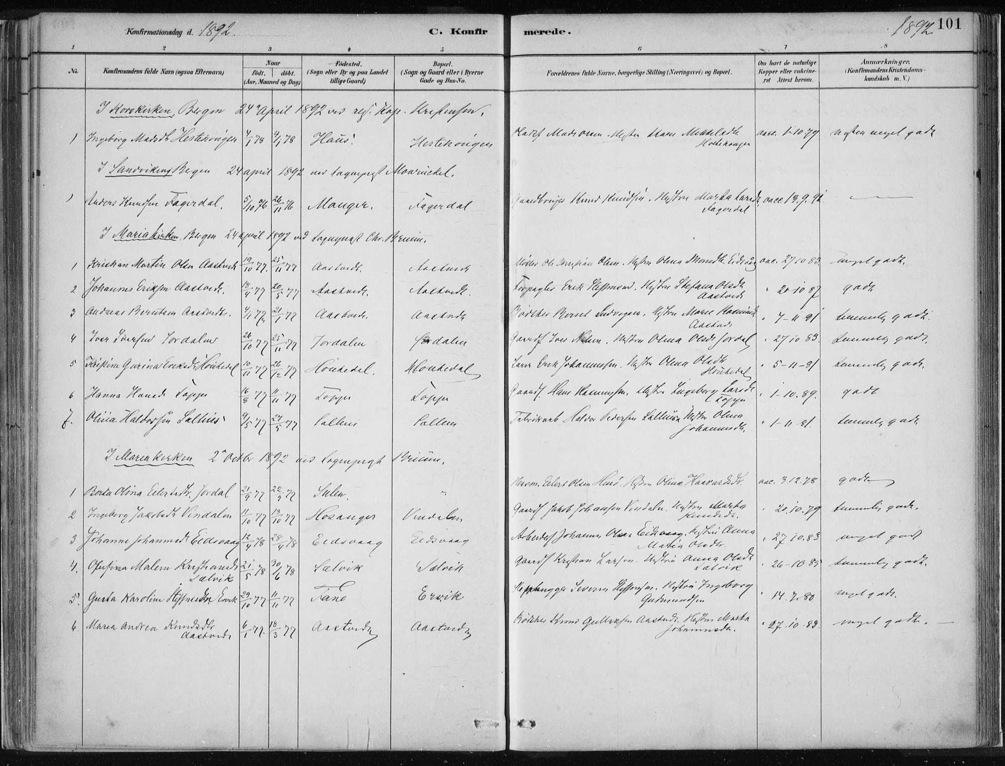 Hamre sokneprestembete, SAB/A-75501/H/Ha/Haa/Haad/L0001: Parish register (official) no. D  1, 1882-1906, p. 101