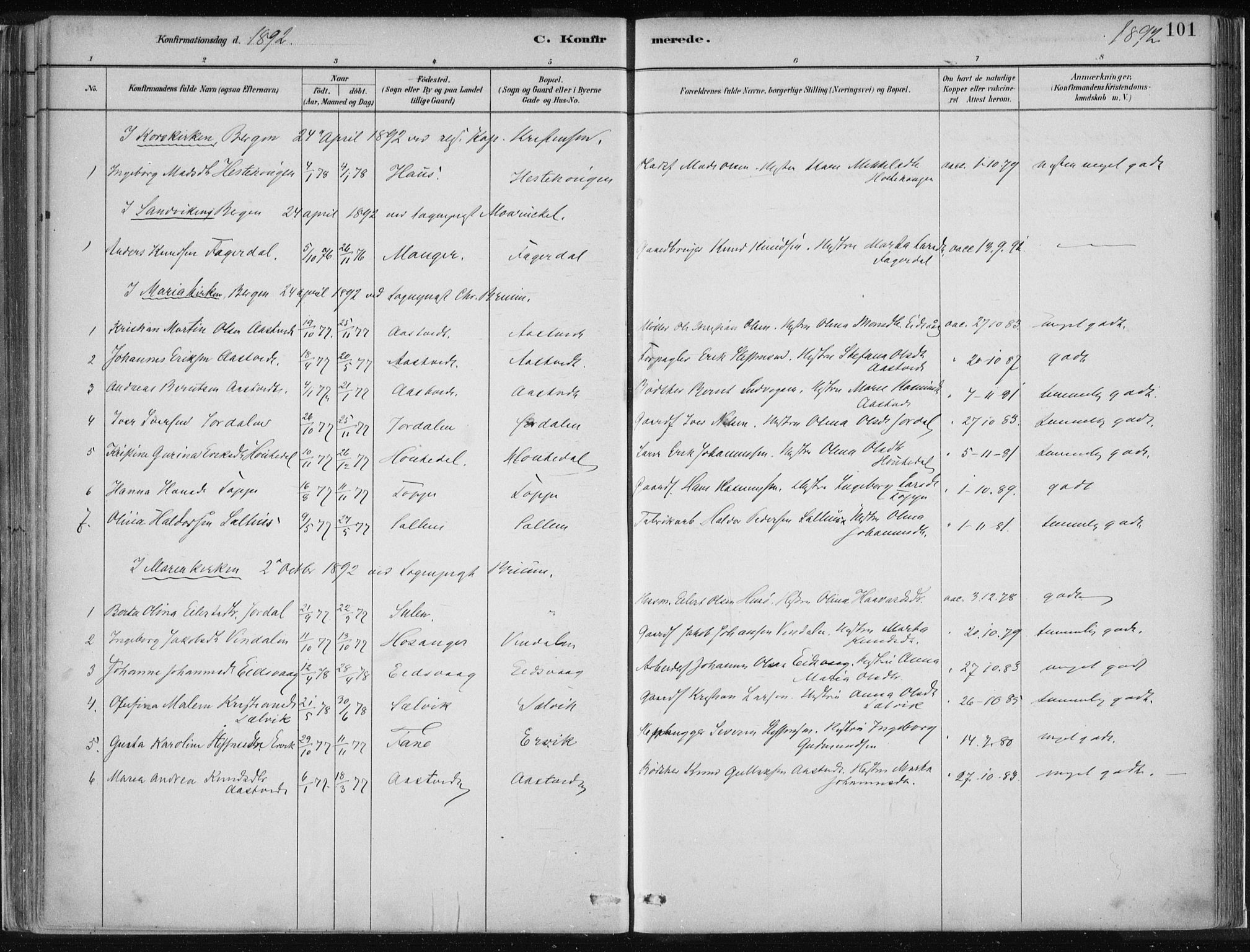 Hamre sokneprestembete, AV/SAB-A-75501/H/Ha/Haa/Haad/L0001: Parish register (official) no. D  1, 1882-1906, p. 101